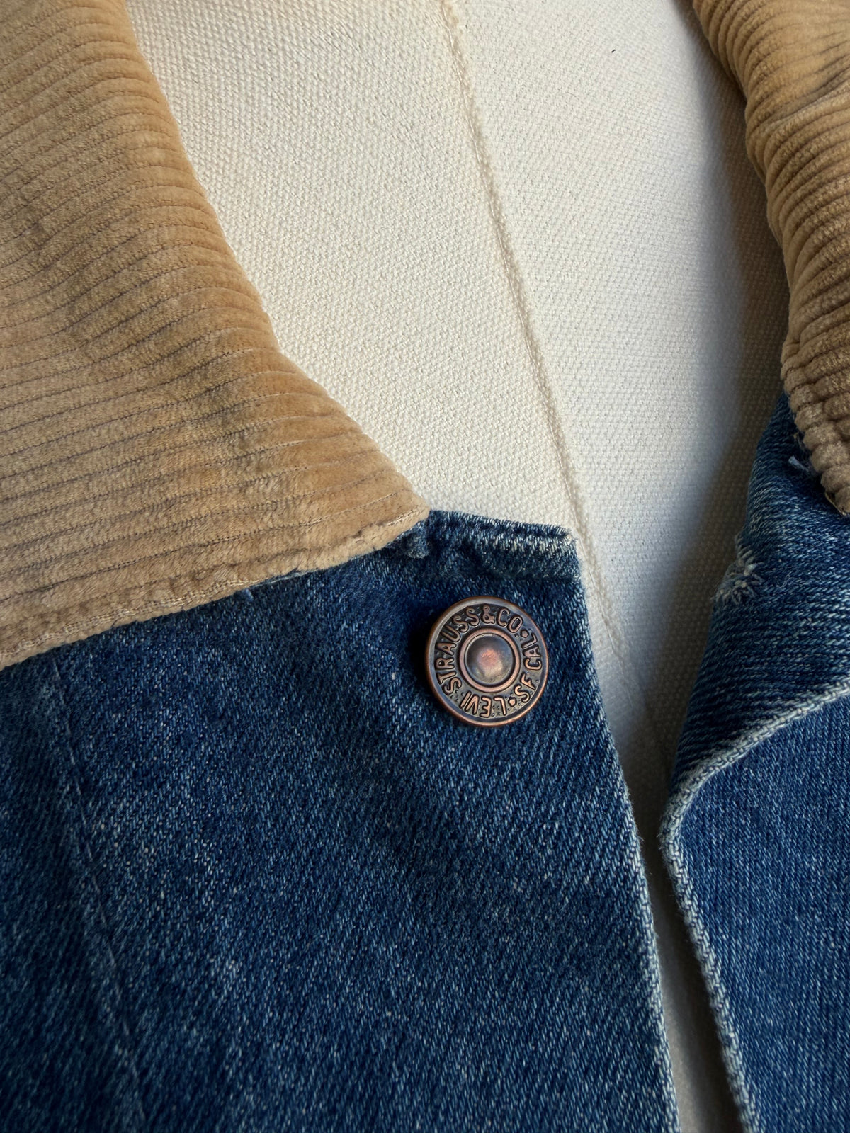 80s Levi’s denim duster with corduroy collar. Made in the USA