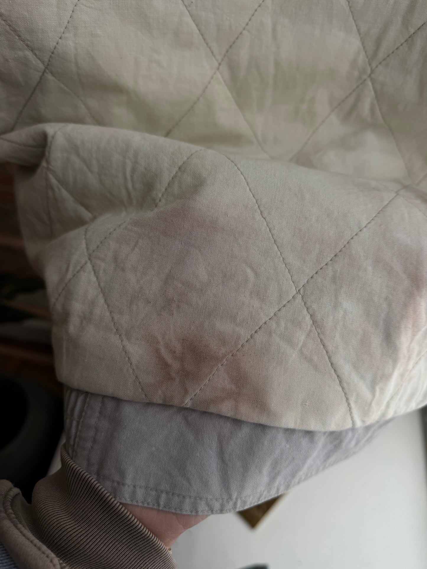 90s LLBean khaki bomber with leather collar. Made in Hong Kong.