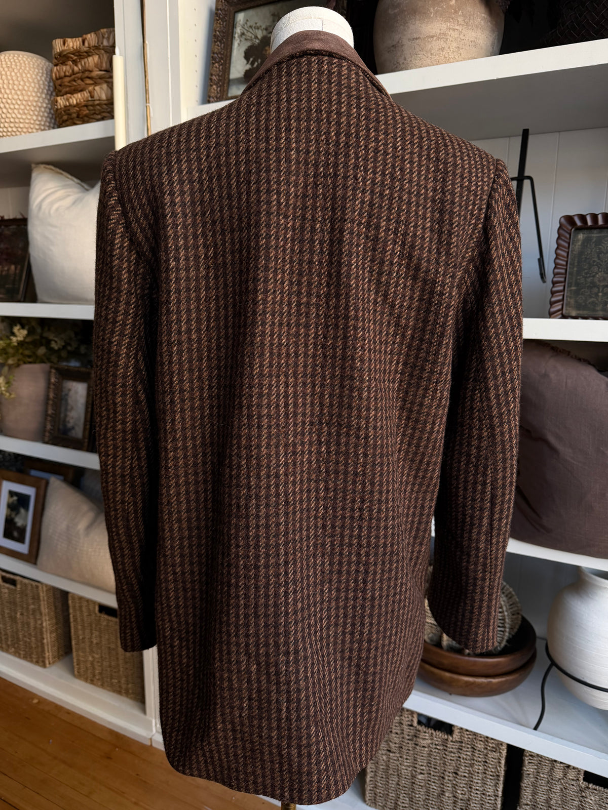 90s Brandon Thomas wool blend houndstooth blazer with leather collar. Fits XS-M petite