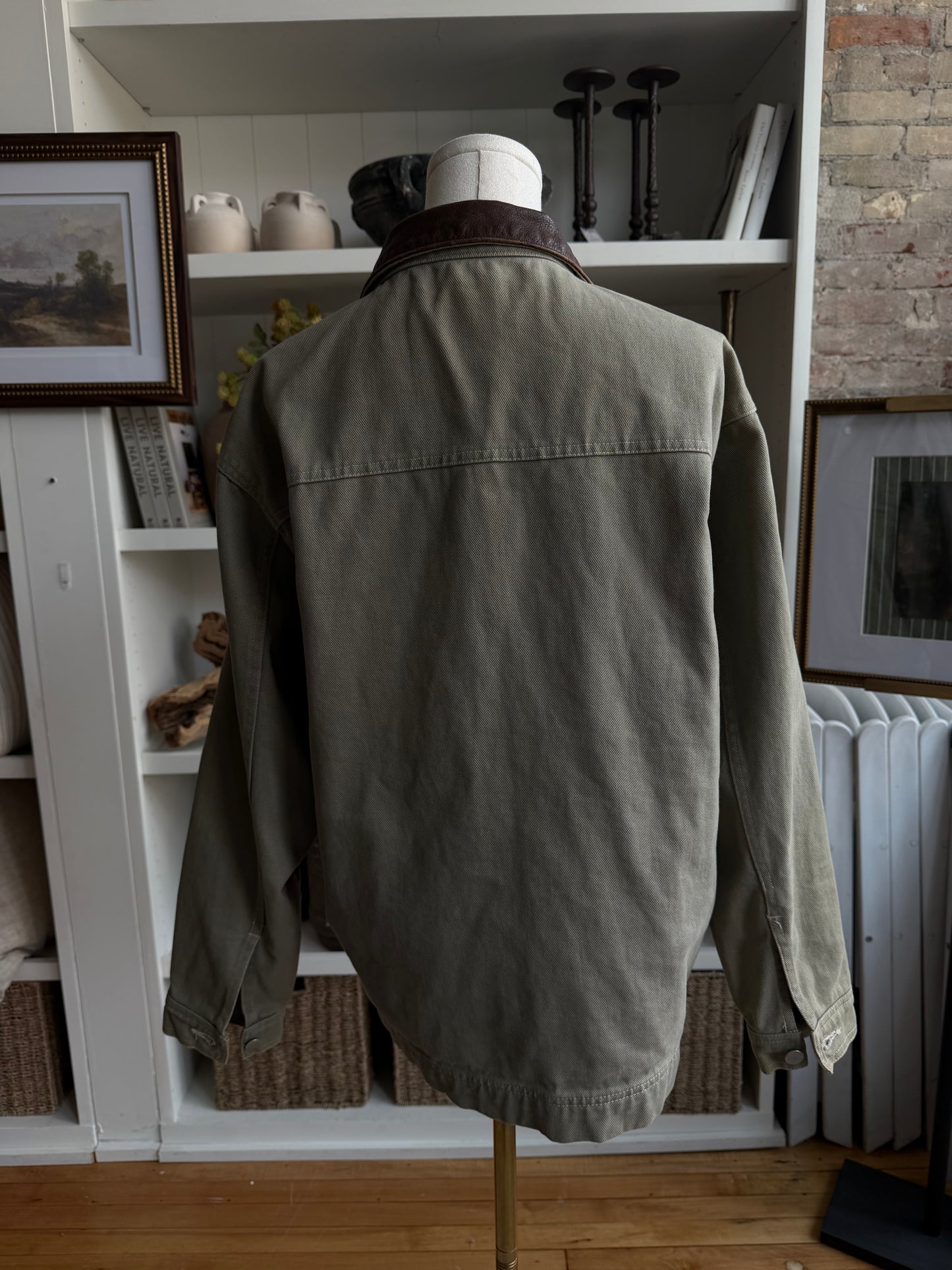90s Marlboro green canvas chore coat with flannel lining and leather collar