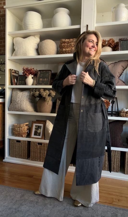 #9 Reworked Black denim trench coat. Size M