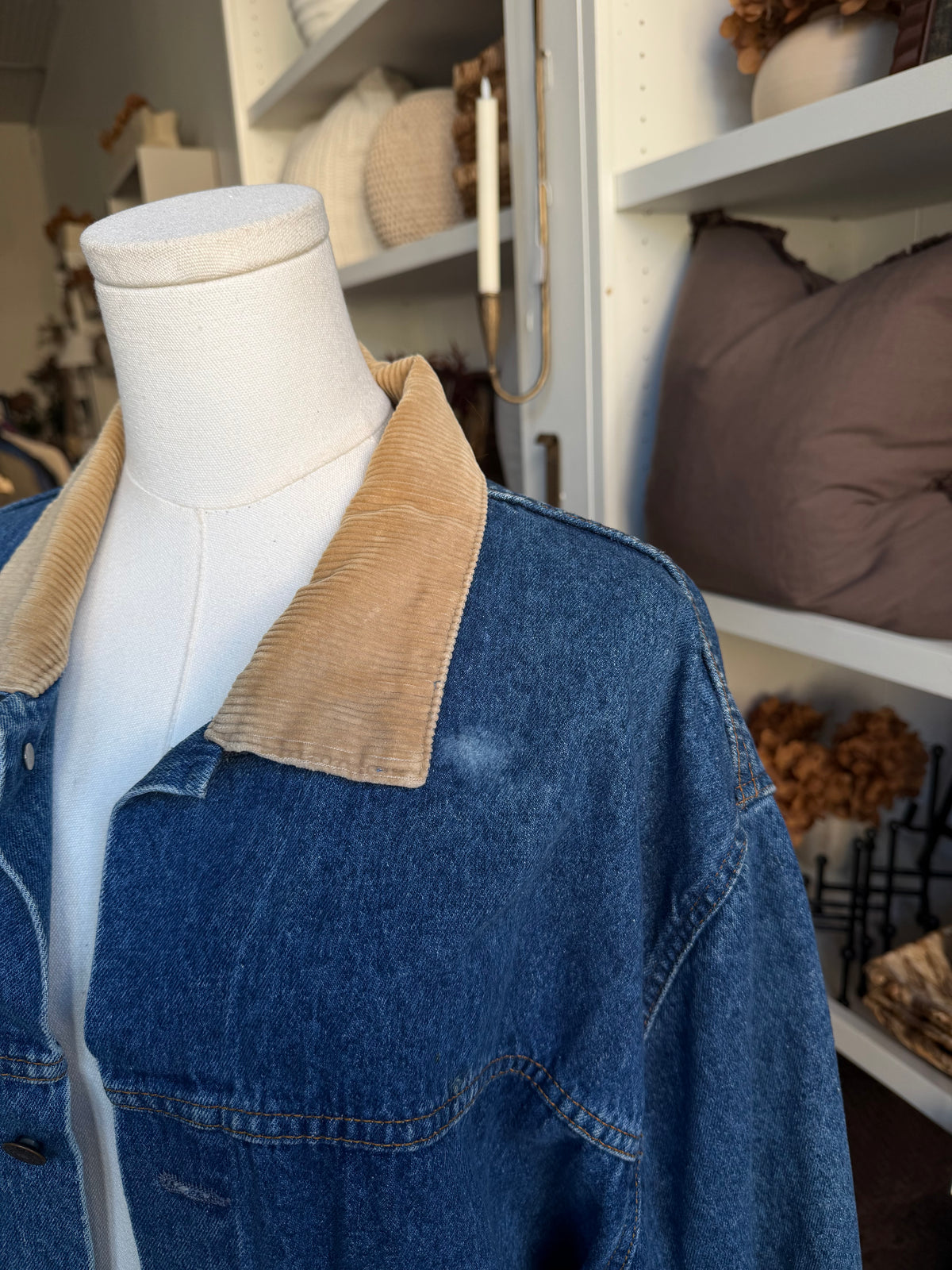80s Levi’s denim duster with corduroy collar. Made in the USA