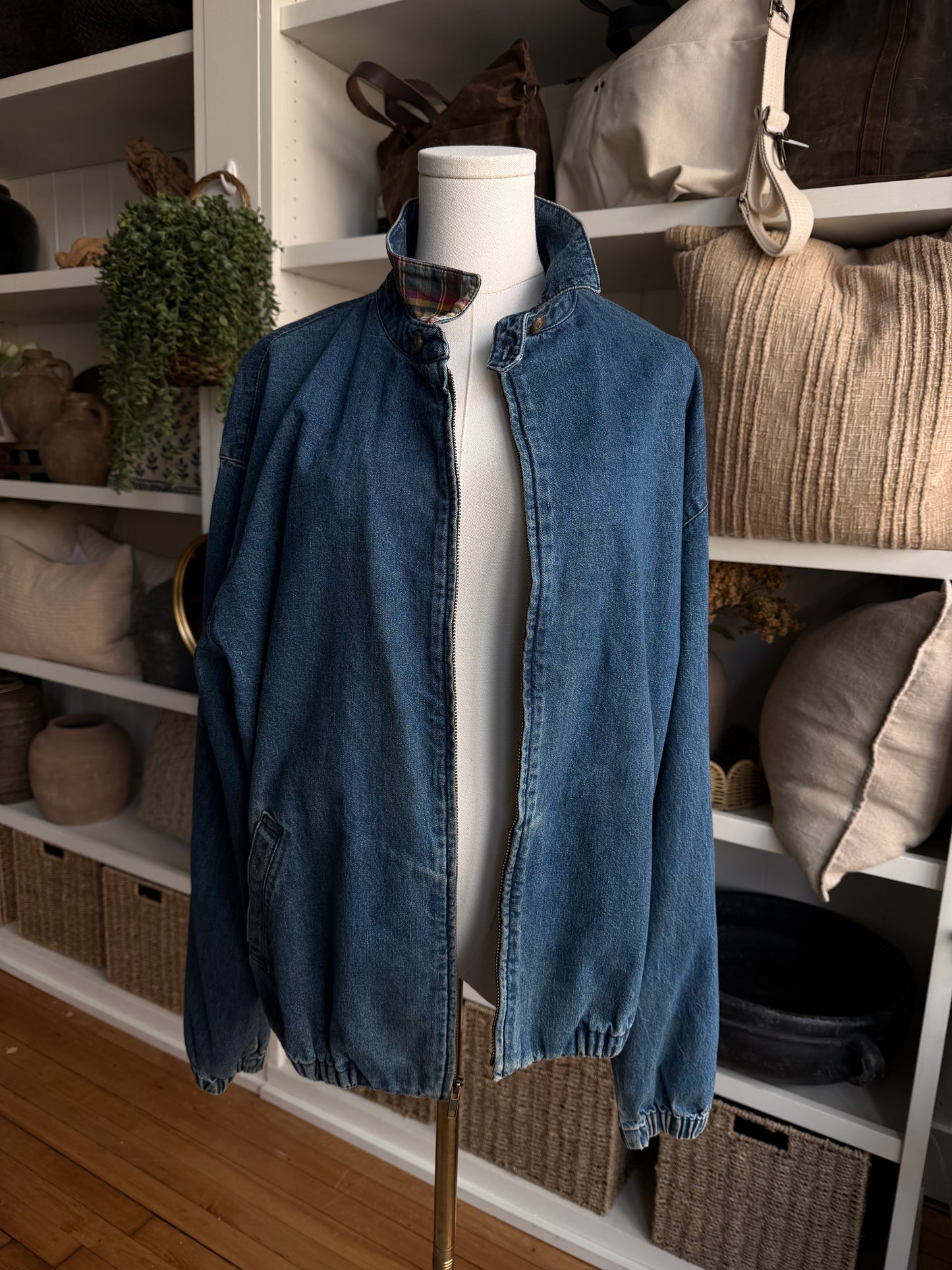 80s Polo Ralph Lauren denim bomber with plaid under collar. Made in USA