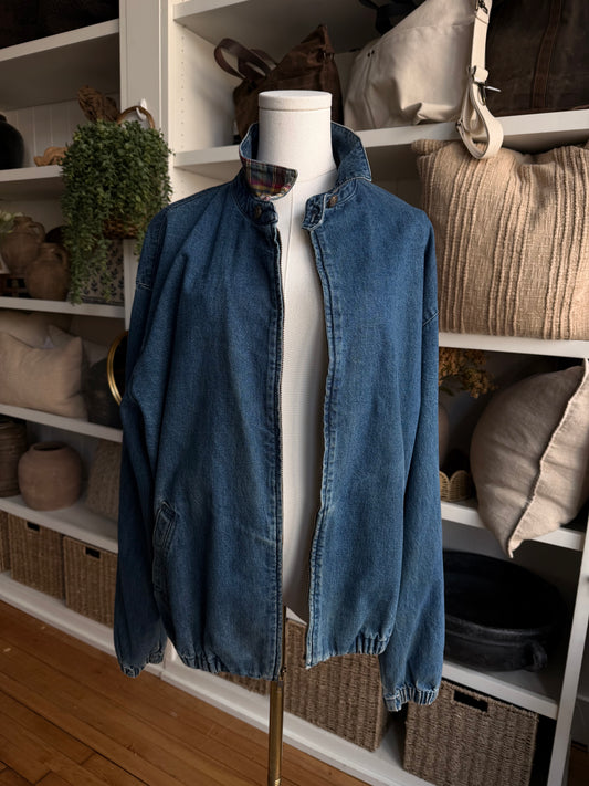80s Polo Ralph Lauren denim bomber with plaid under collar. Made in USA