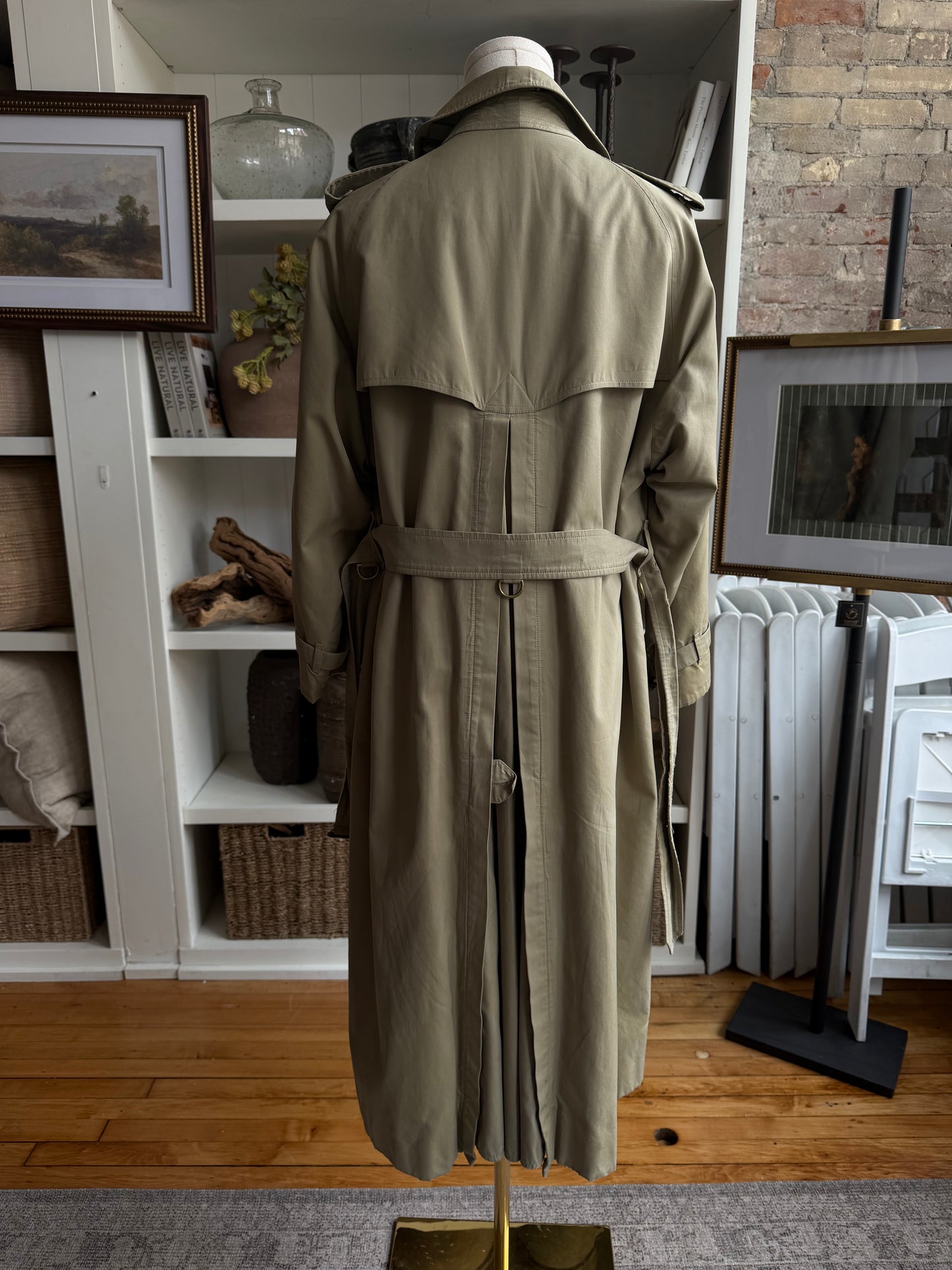 Vintage Burberry green khaki trench with removable wool lining. Made in the USA.