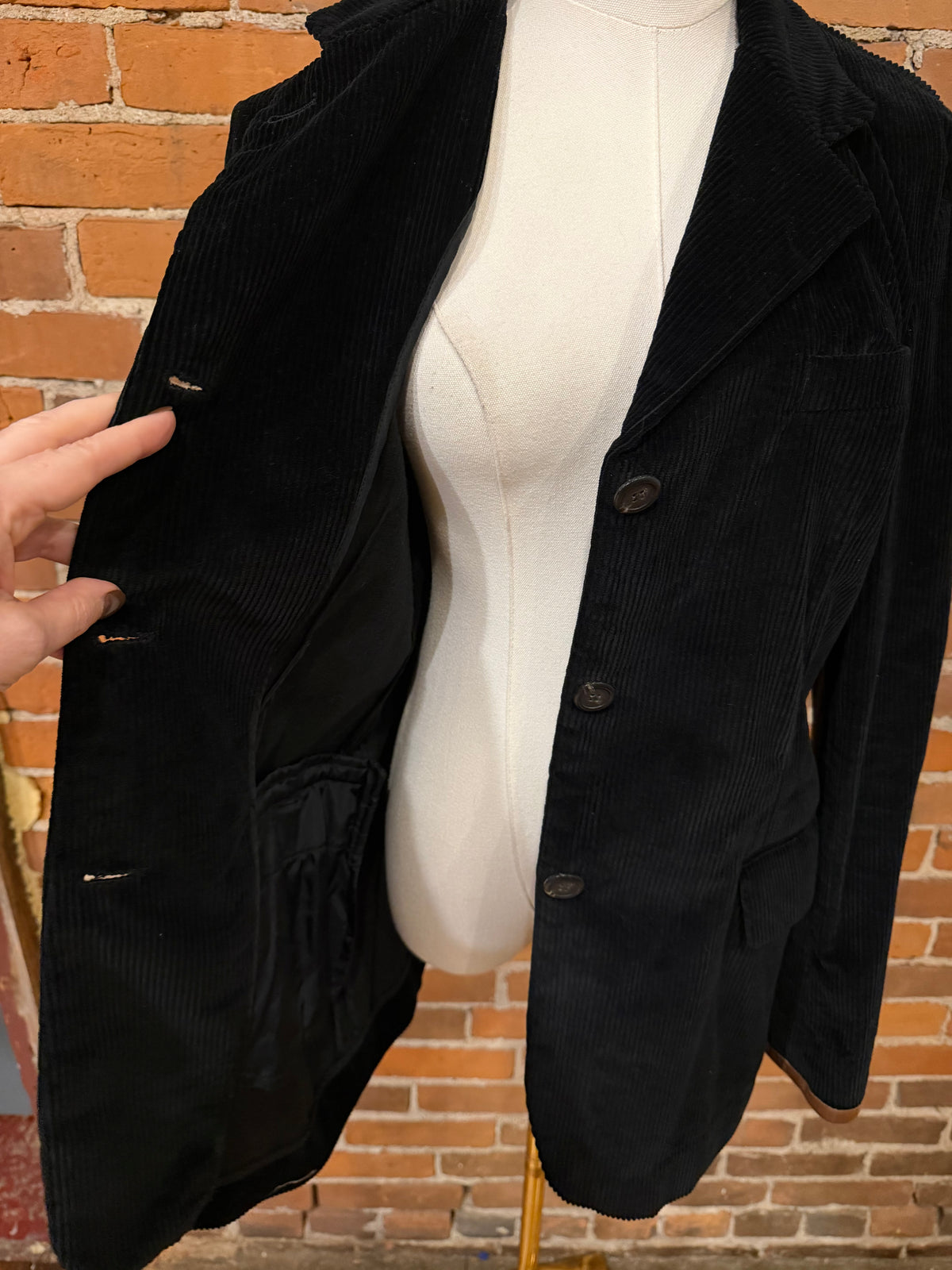 90s Ralph Lauren black corduroy blazer with leather trim and elbow patches. Fits XXS-S