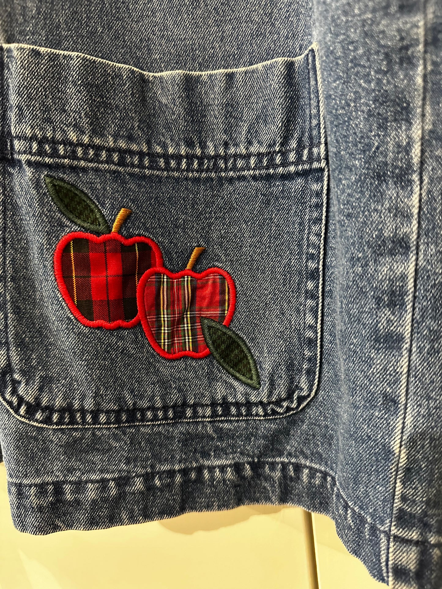 90s denim chore coat with Apple embroidered appliqué