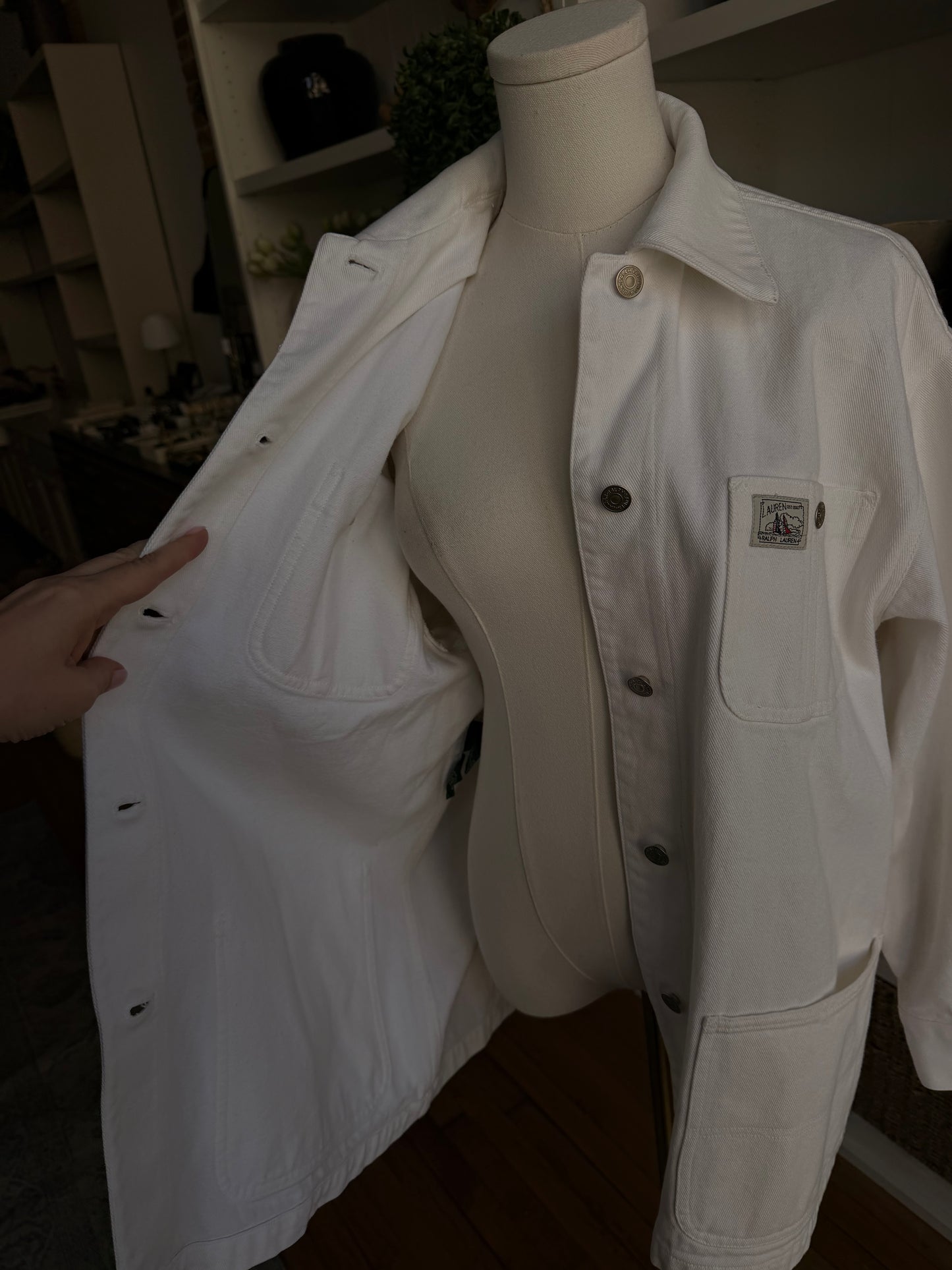 90s Lauren Ralph Lauren white denim chore coat. Made in Hong Kong