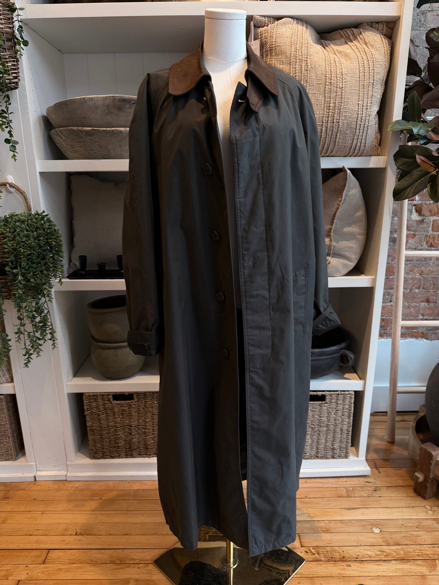 90s Chaps Ralph Lauren green trench with leather collar and removable wool lining