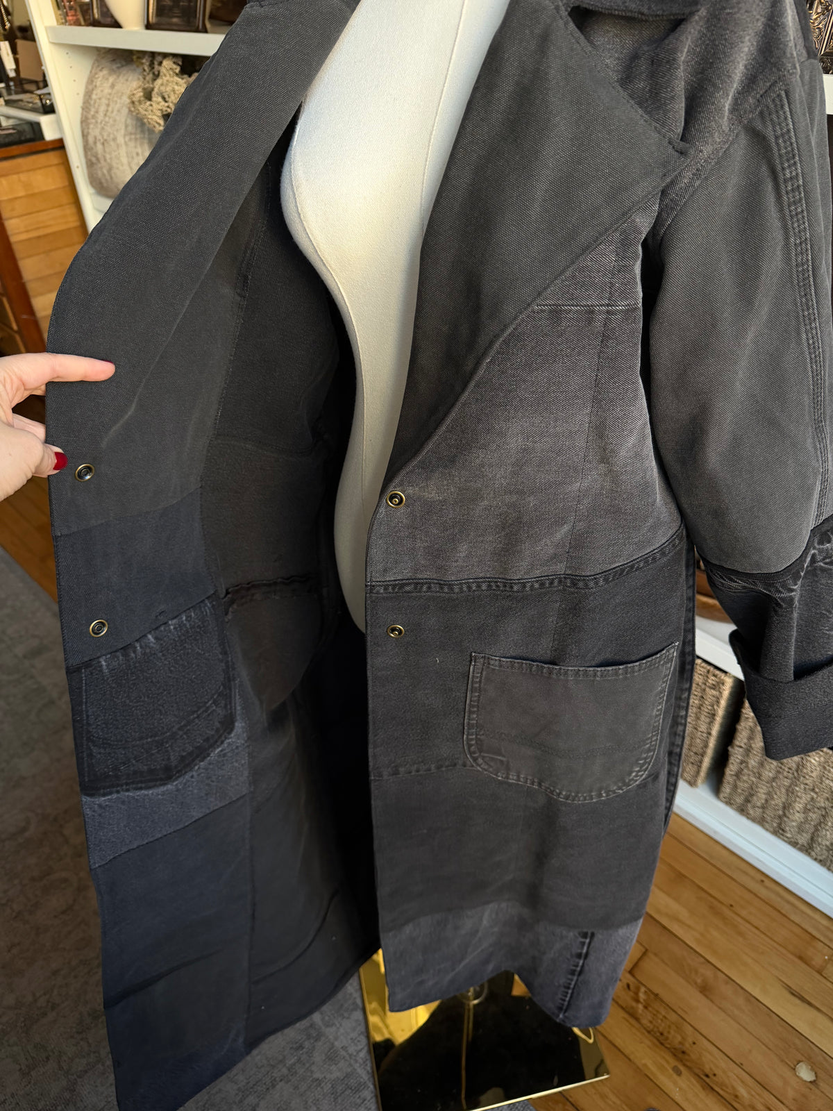 #9 Reworked Black denim trench coat. Size M