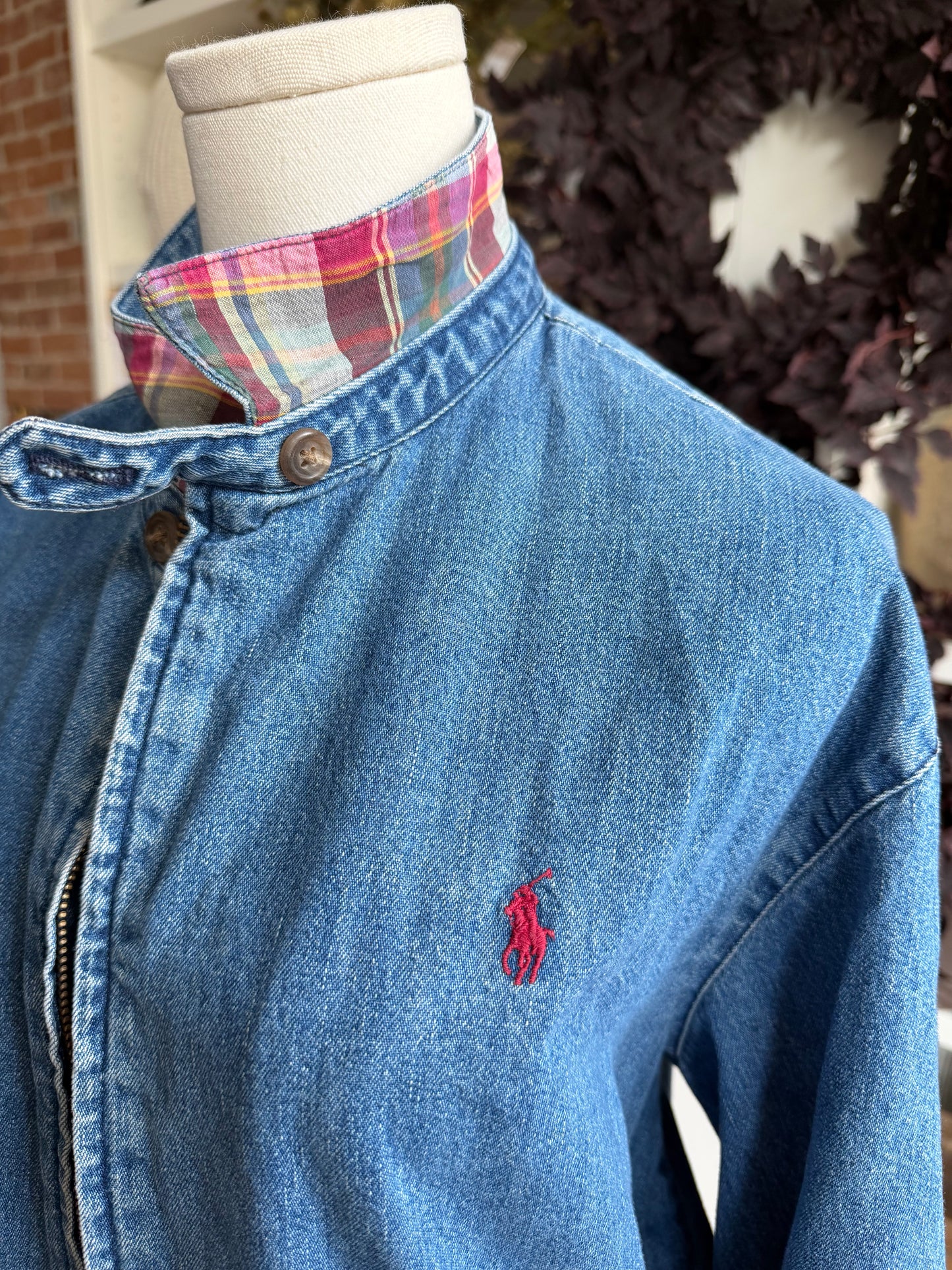 80s Polo Ralph Lauren denim bomber with plaid collar. Fits XS-M