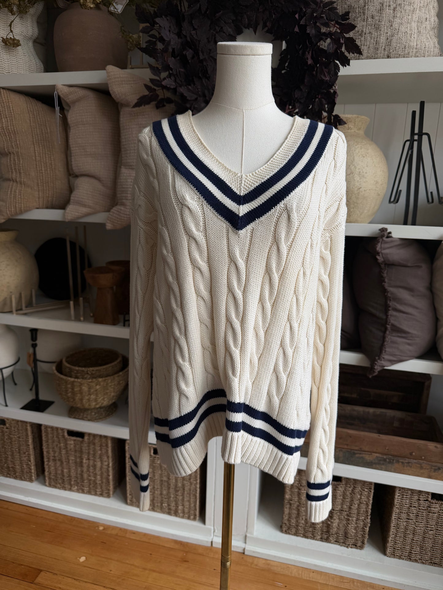 Polo Ralph Lauren navy and cream cotton cricket sweater. Fits M-XL