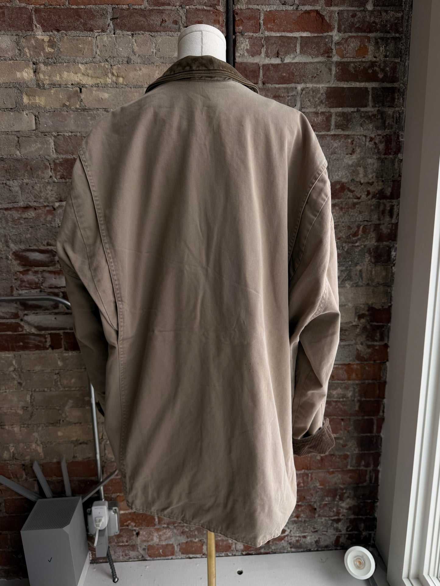 90s Banana Republic khaki barn coat with leather collar. Made in Hong Kong