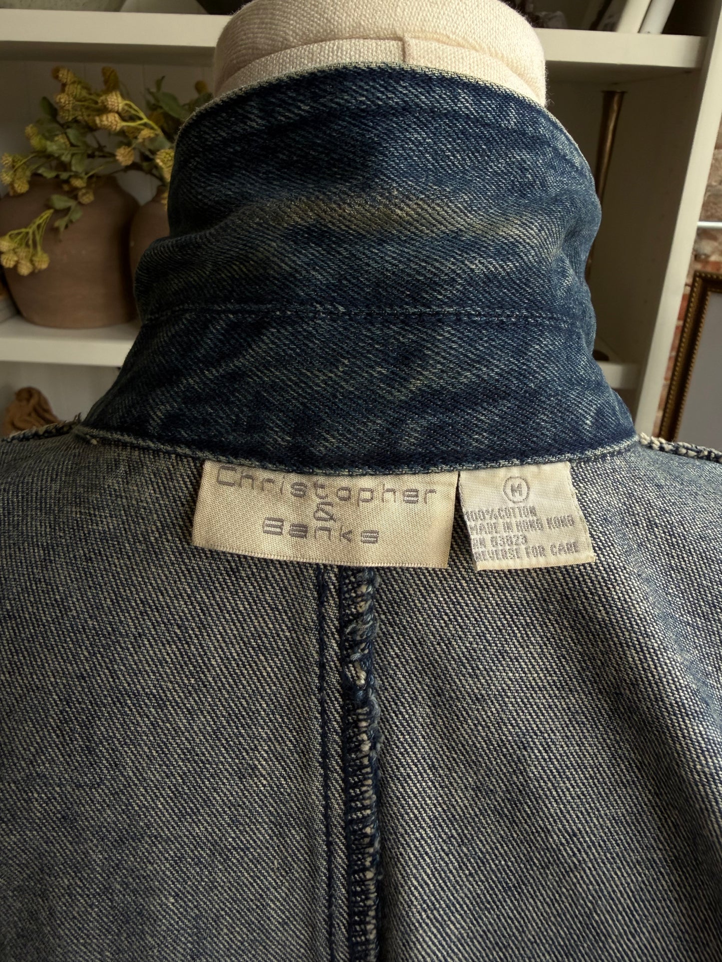 Blocked printed vintage denim trench. Hand painted by SRM Prints