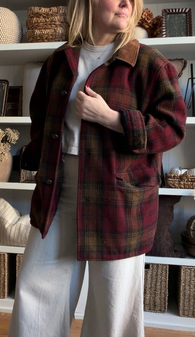 90s J.Crew wool barn coat with suede collar. Made in Canada