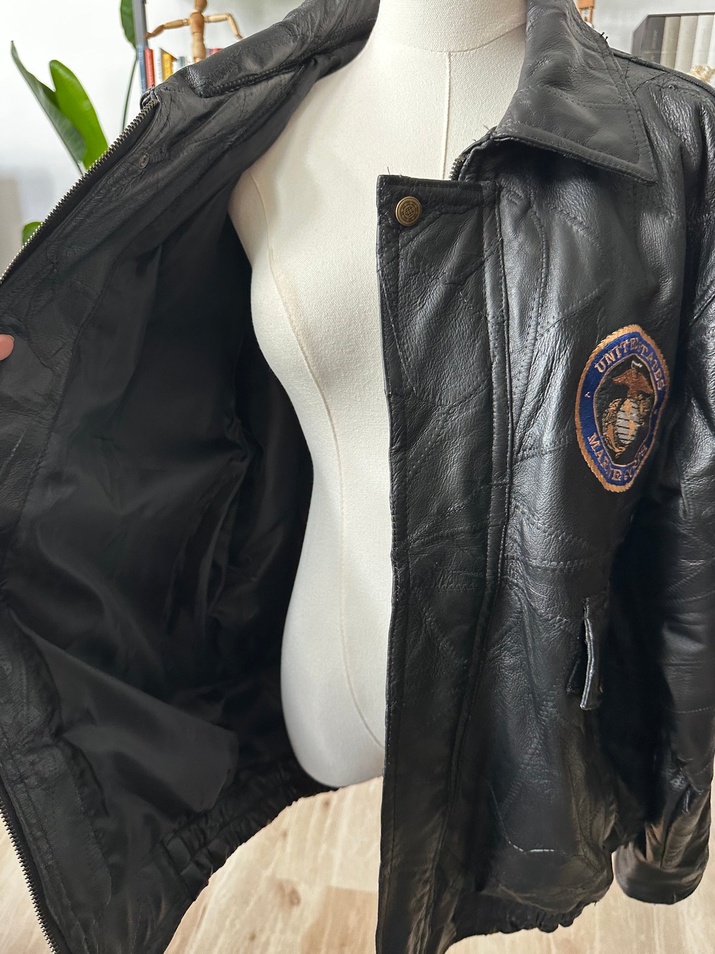 80s/90s USMC black leather patchwork bomber