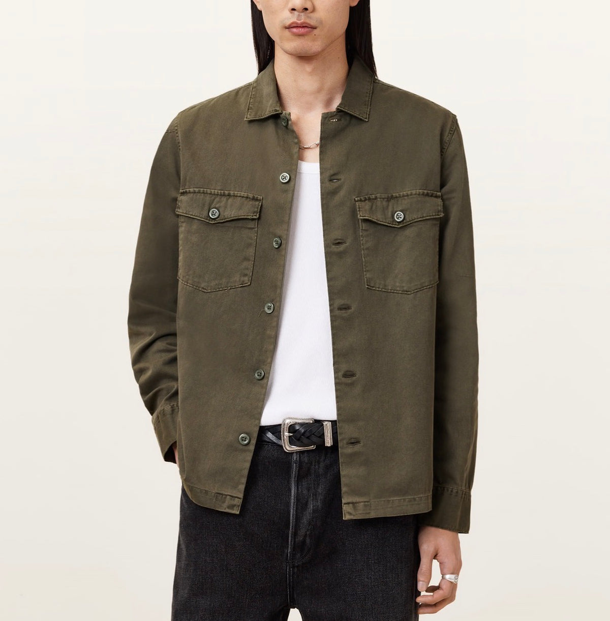 All Saints Spotter cotton over shirt in cargo green. Size medium