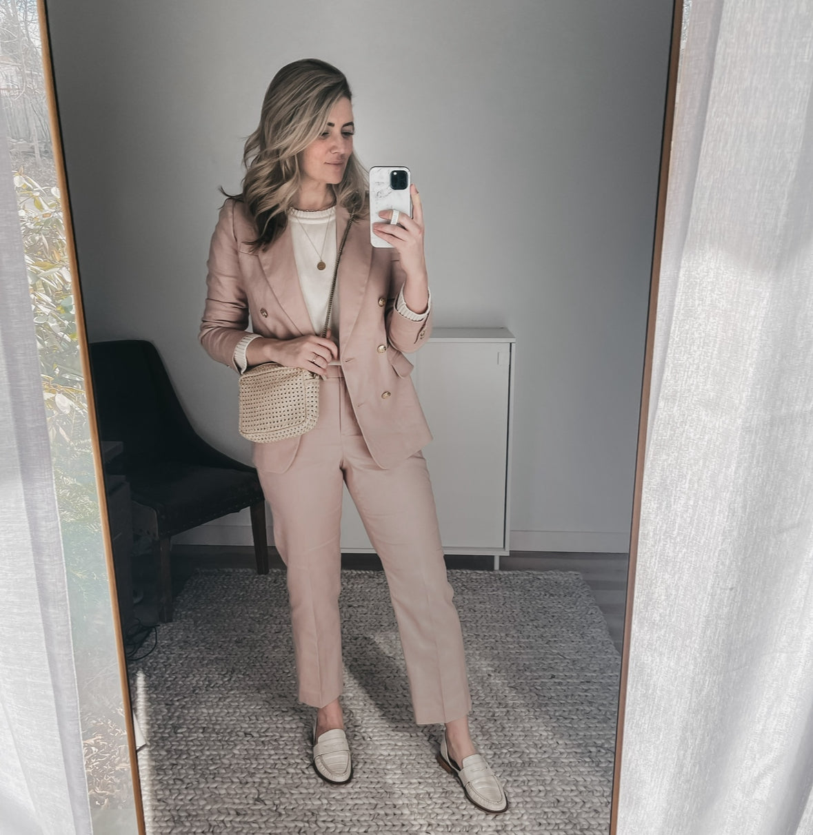 JCrew Pink linen blend suit. Bristol Blazer and Kate pants