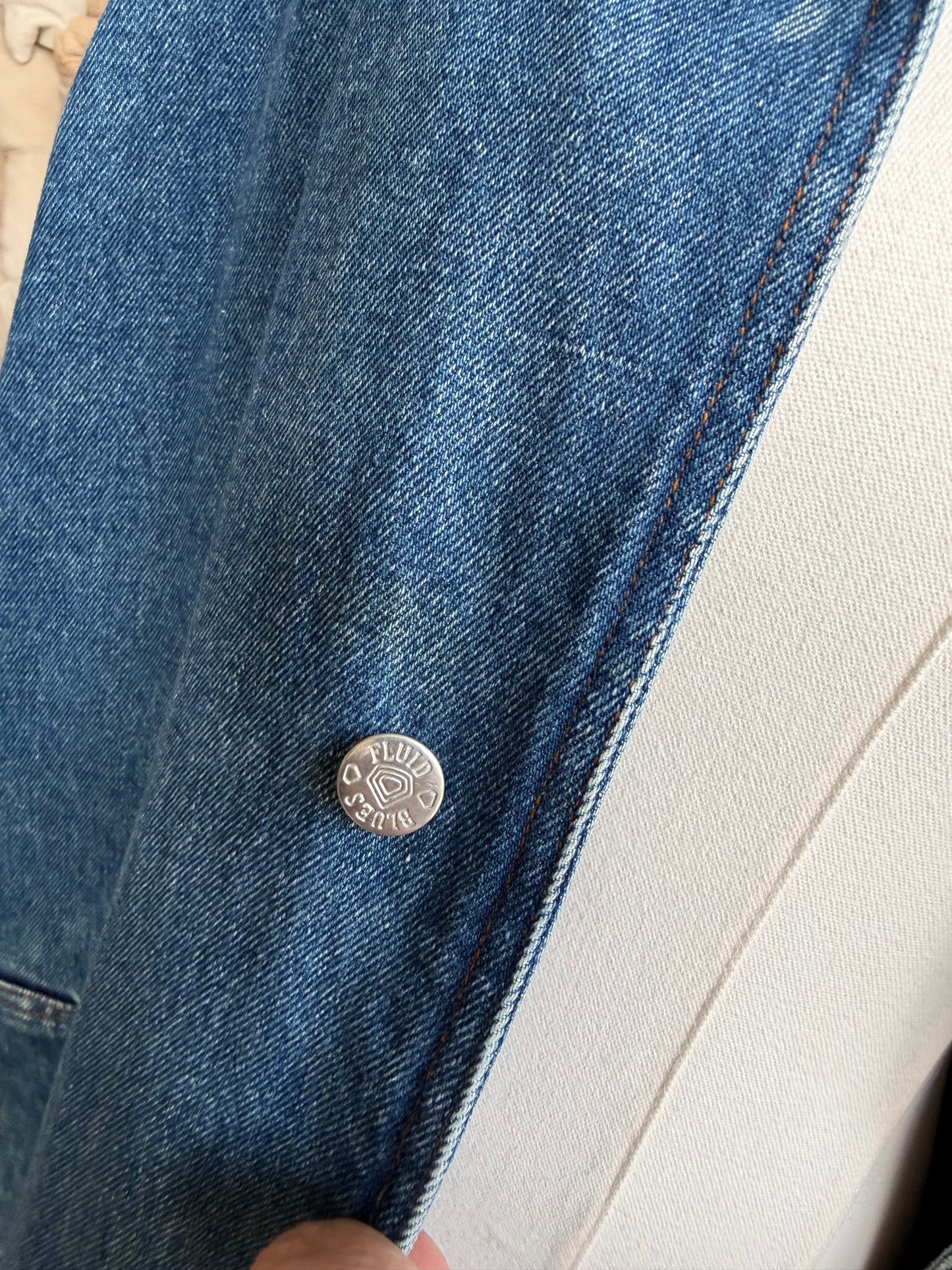 90s Fluid Blues denim trench with leather collar. Made in Hong Kong