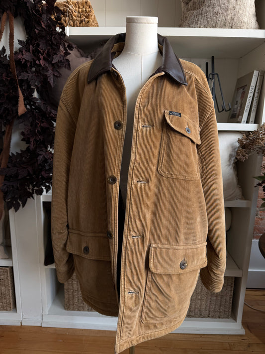 90s Chaps Ralph Lauren corduroy barn coat with leather collar. Fits M-XL