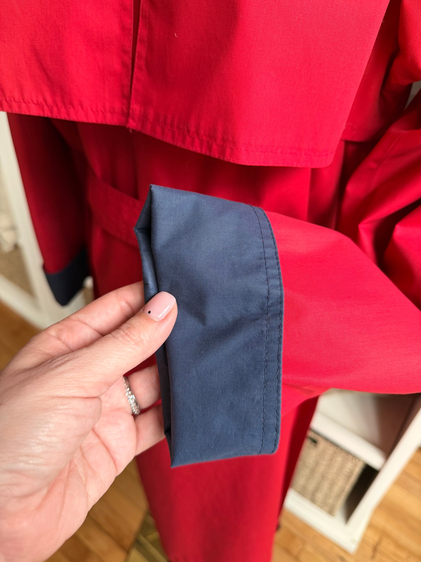 80s Fleet Street red trench with navy details. Made in Korea