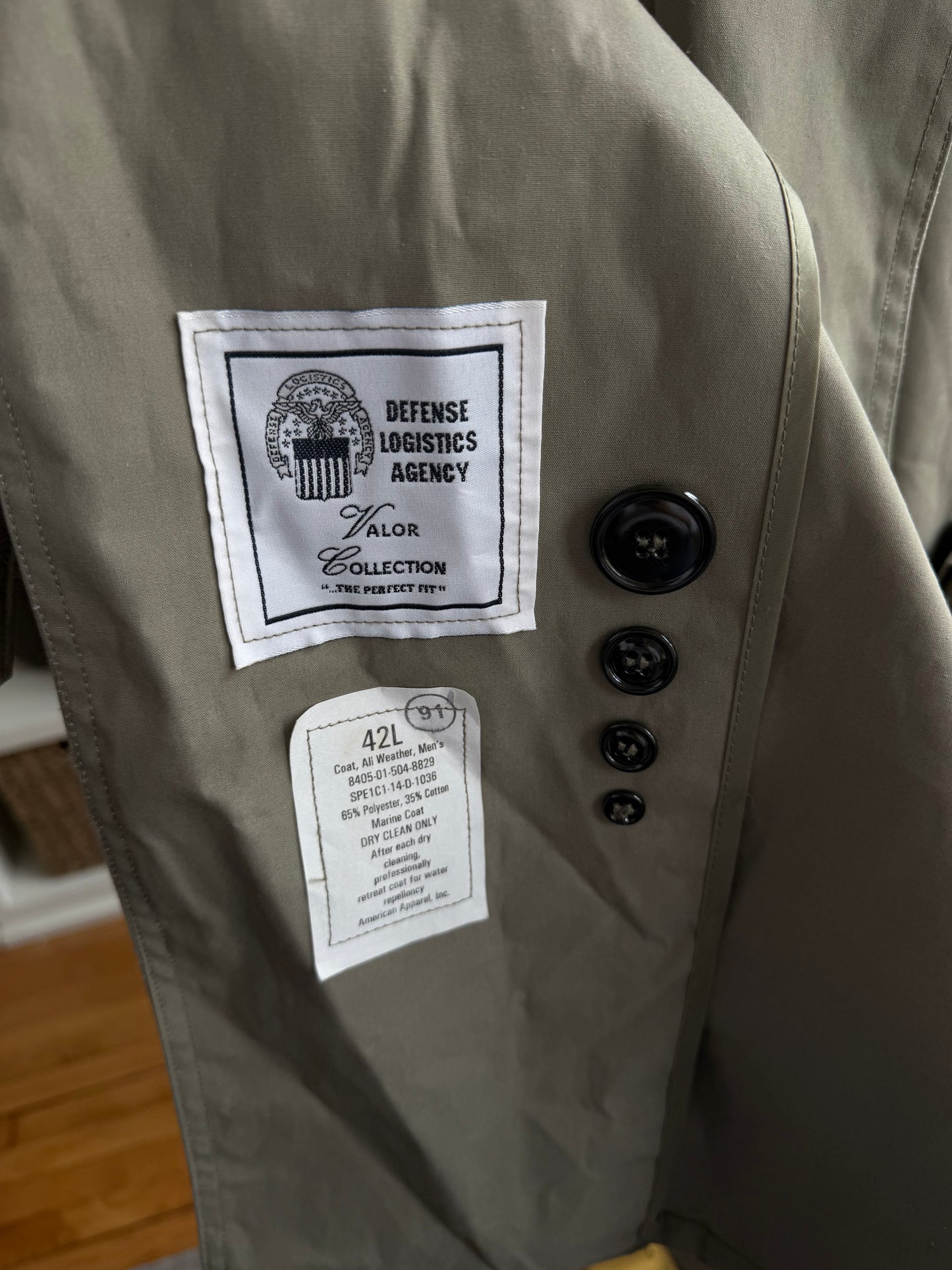 Light green military trench with zip out insulated lining