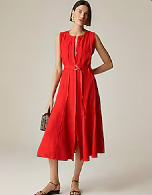 JCrew red seamed linen dress with removable dress. Size medium tall