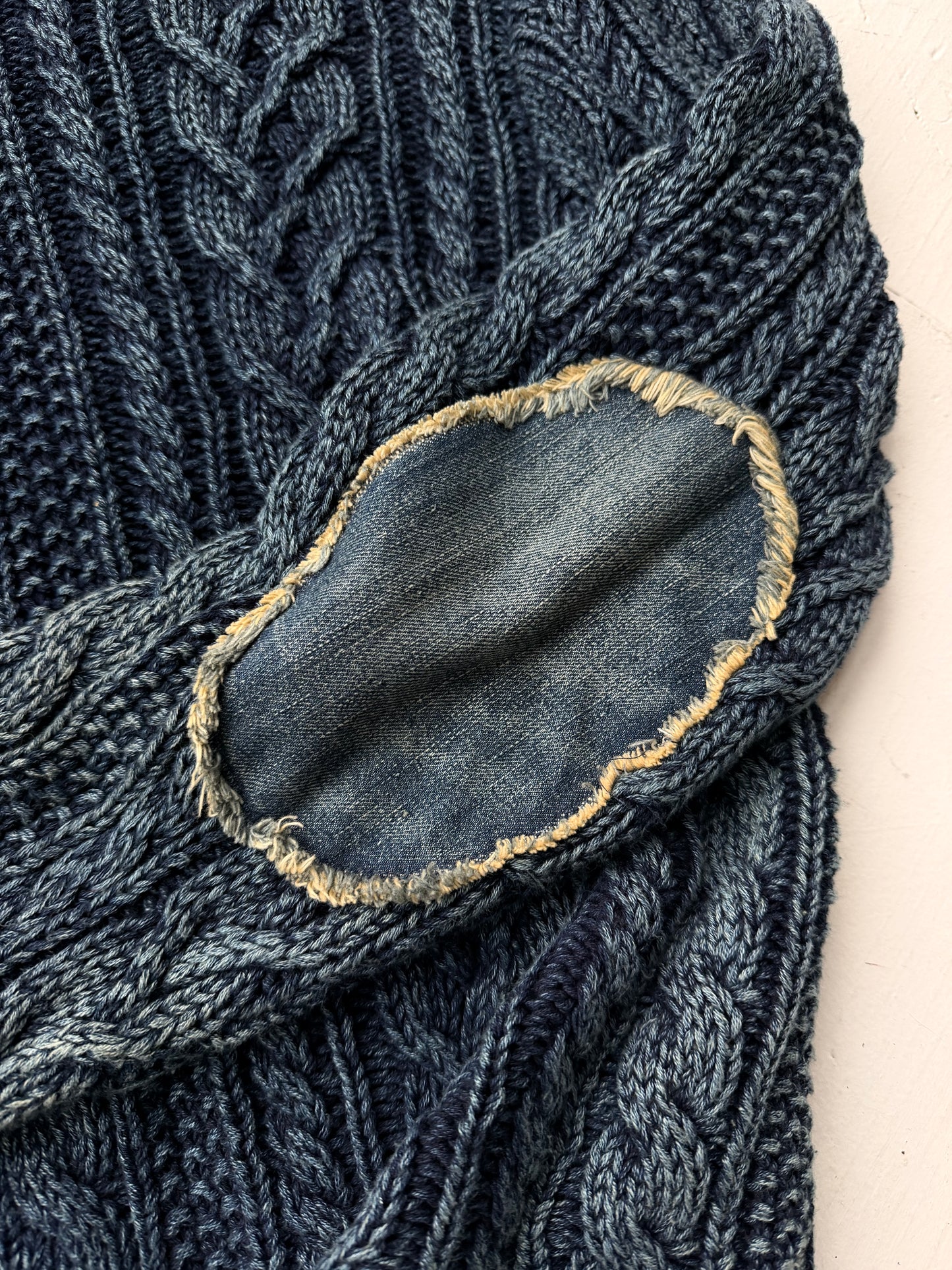 Y2K Denim & Supply cotton cable knit with denim elbow patches