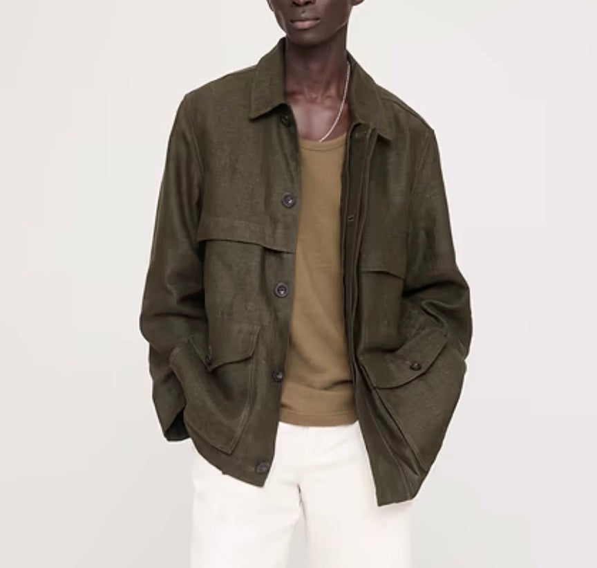 Banana Republic linen canvas utility jacket in olive green. Size L
