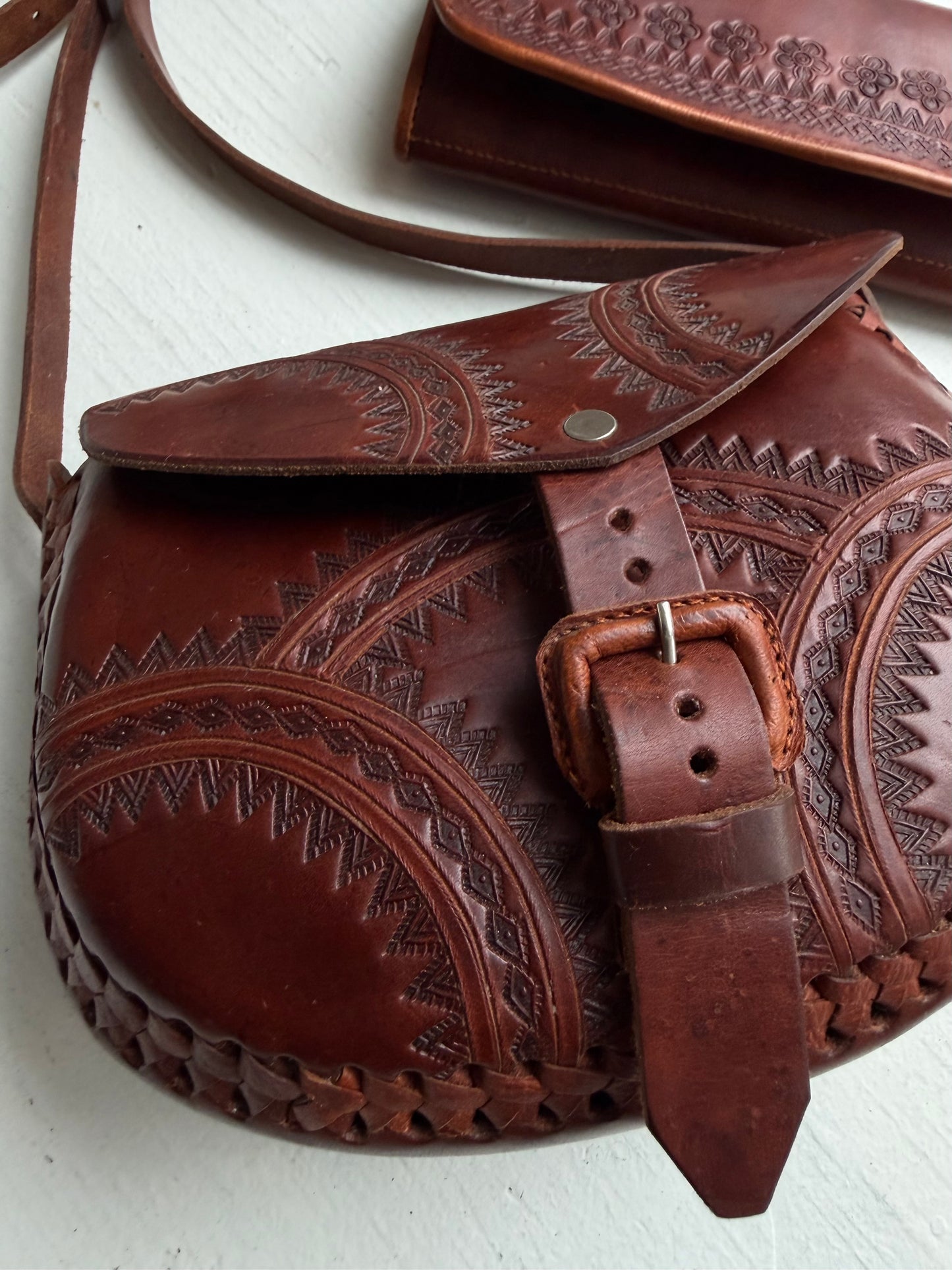 Tooled leather bag with leather wallet. Hand made