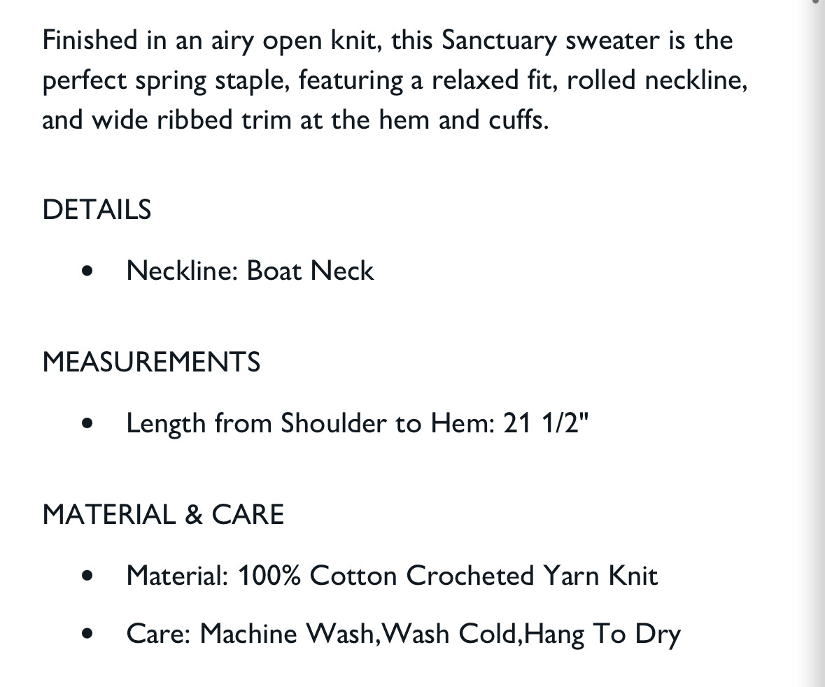 Sanctuary open knit cotton sweater. Size medium