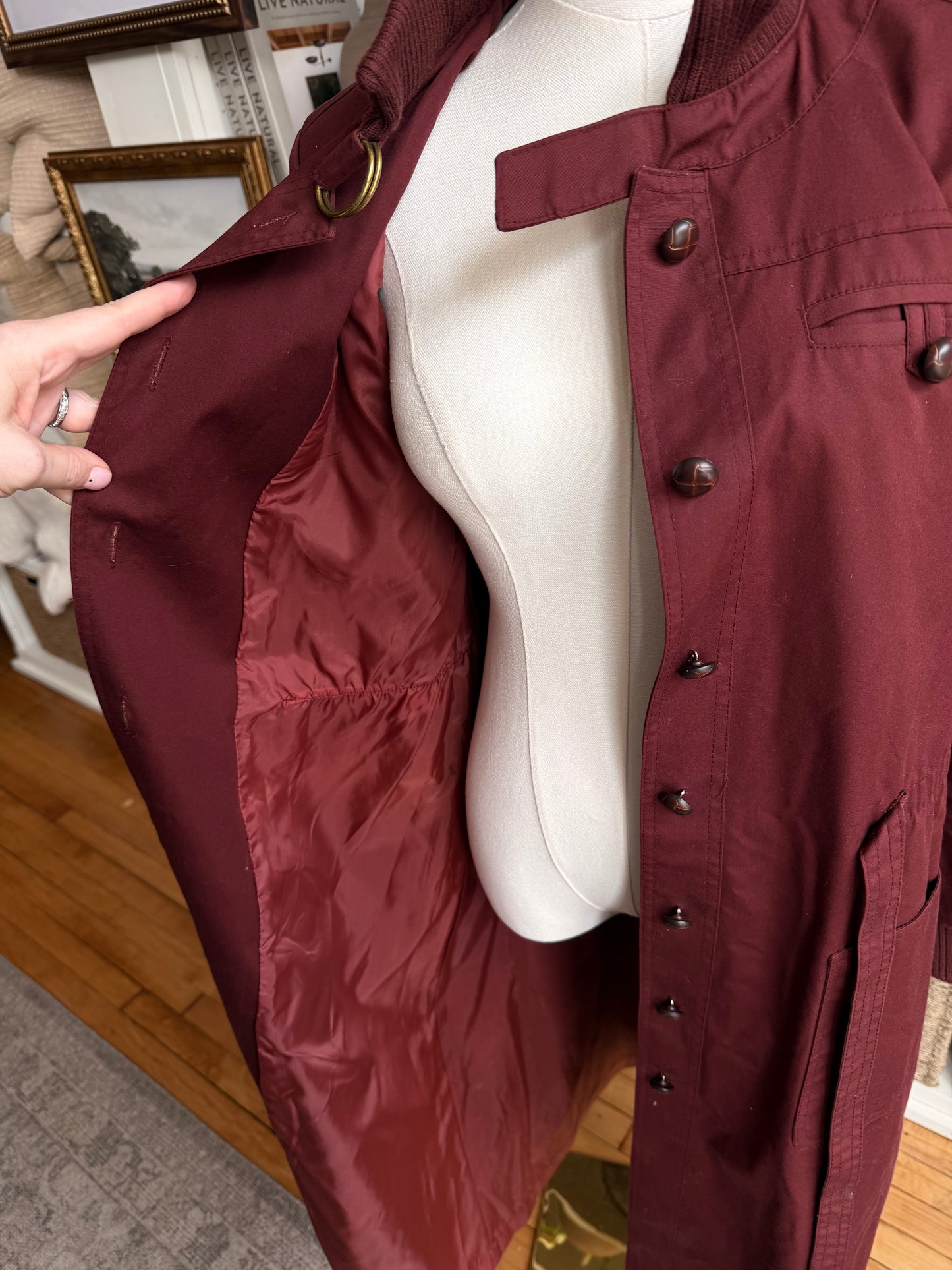 Vintage maroon trench with bomber details. Made in Singapore