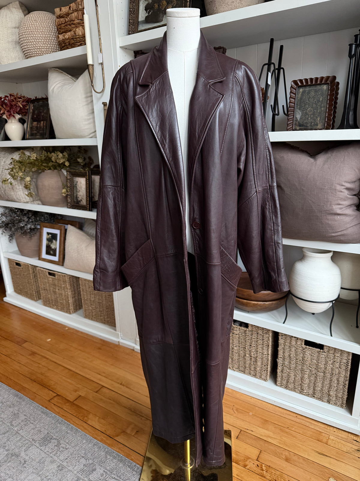 90s Preston Yorke dark burgundy leather trench. Made in Korea. Fits M-XL