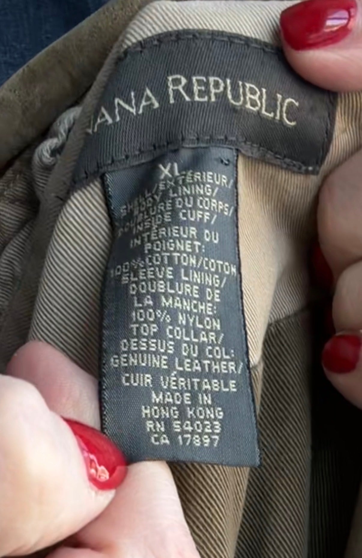 90s Banana Republic khaki barn coat with leather collar. Made in Hong Kong