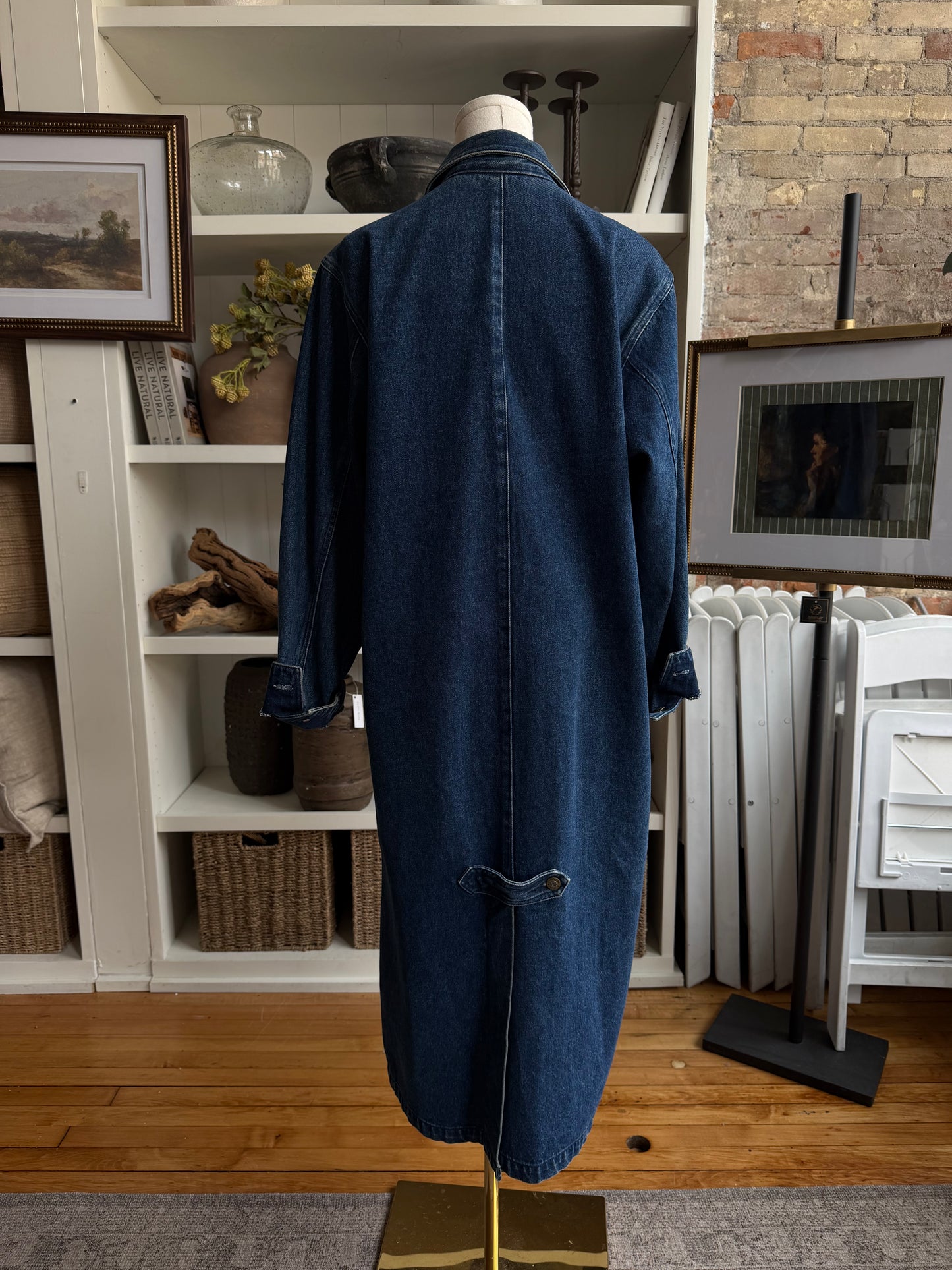 Blocked printed vintage denim trench. Hand painted by SRM Prints