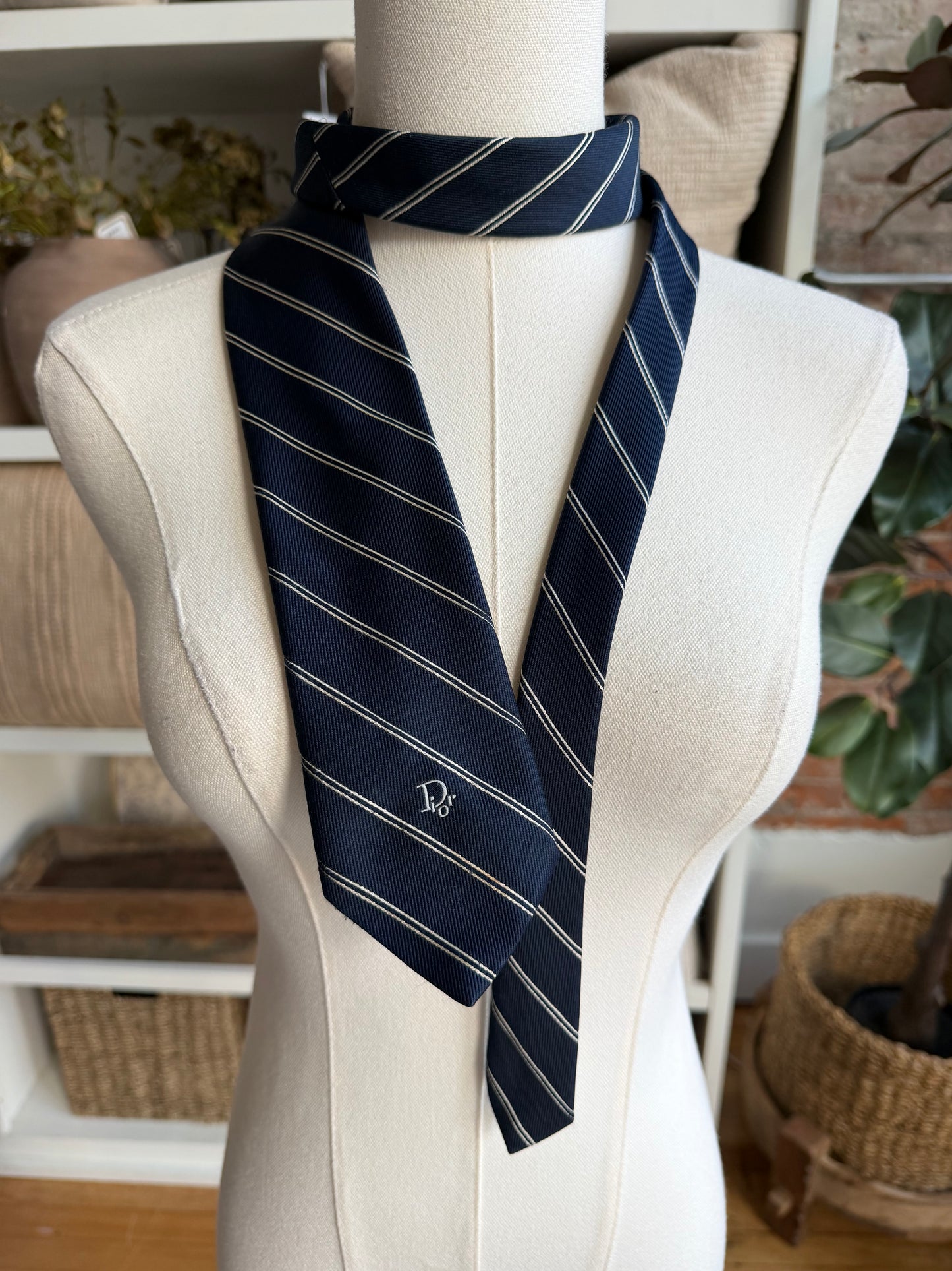 80s Dior navy striped tie