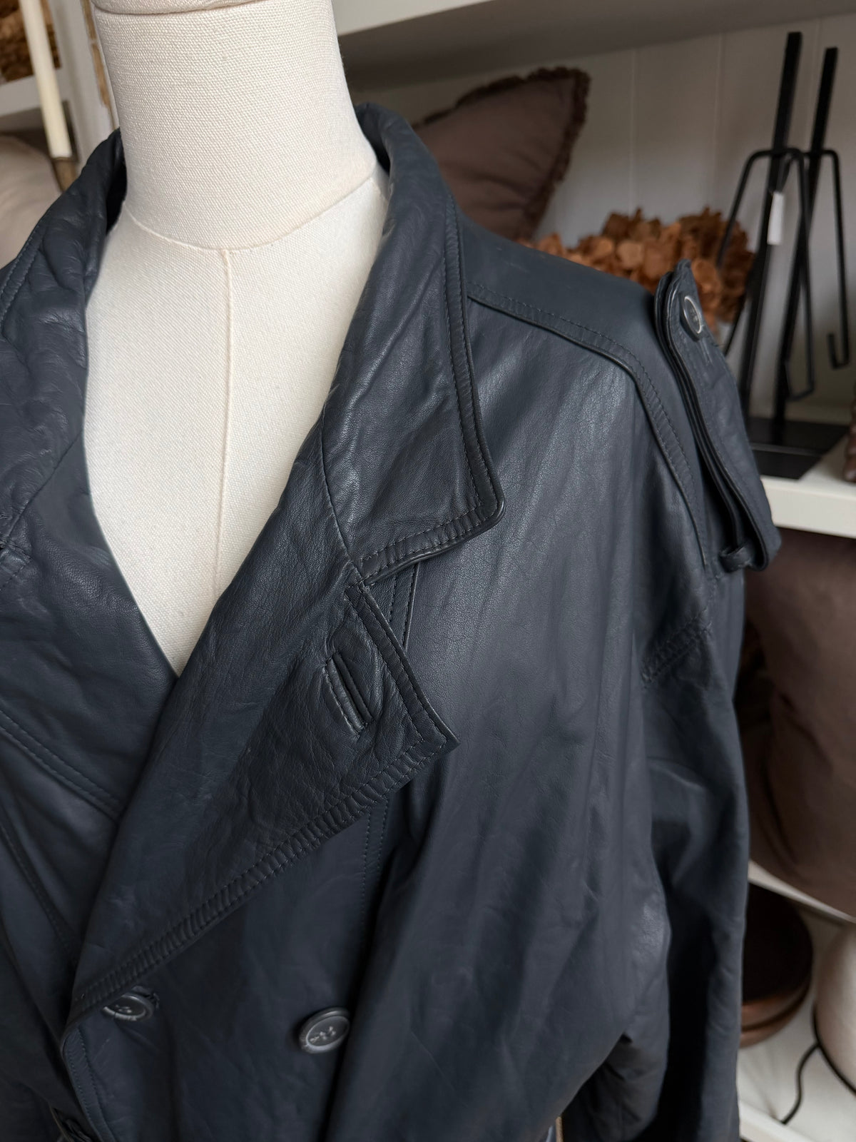Vintage blue leather trench. Sourced in Paris. Fits M-XL