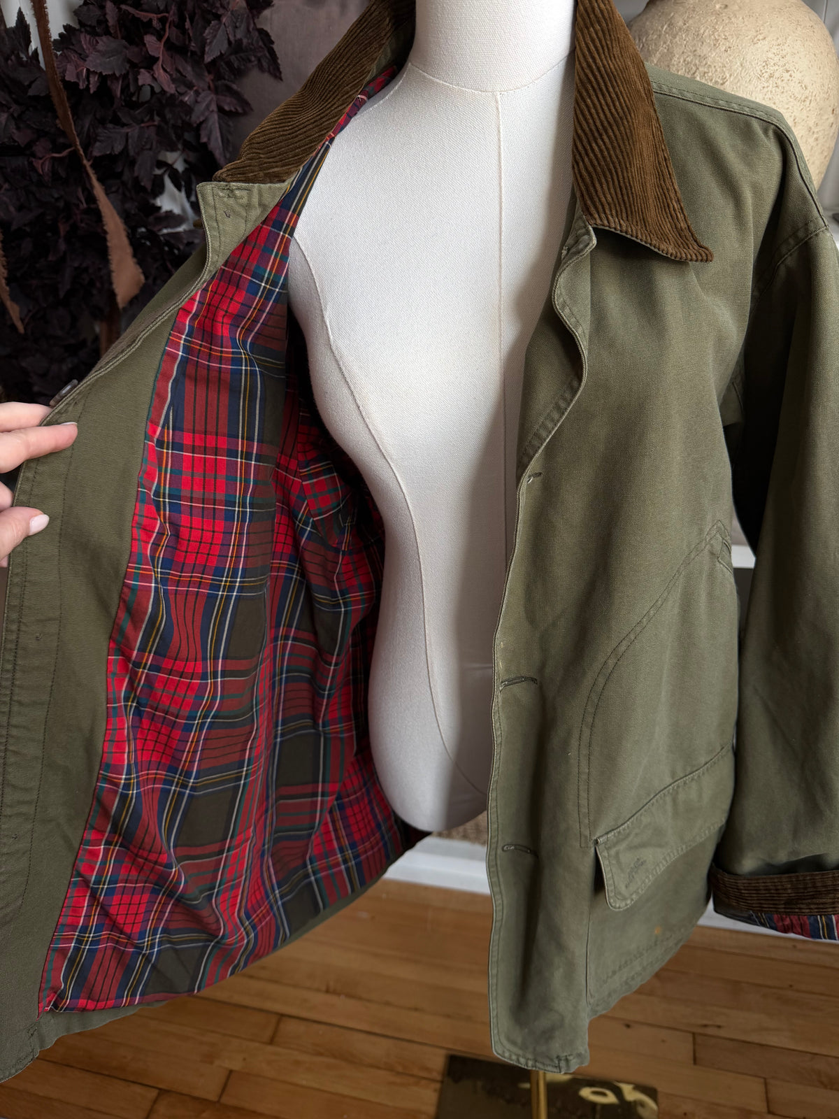 90s Polo Ralph Lauren green barn coat with plaid lining. Fits M-XL
