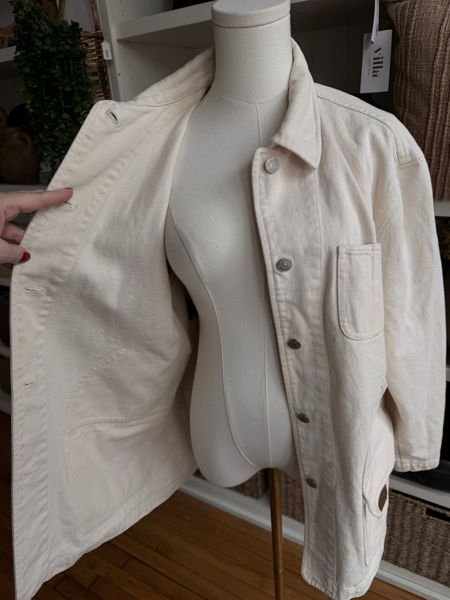 90s Lauren Ralph Lauren cream denim chore coat. Made in Hong Kong