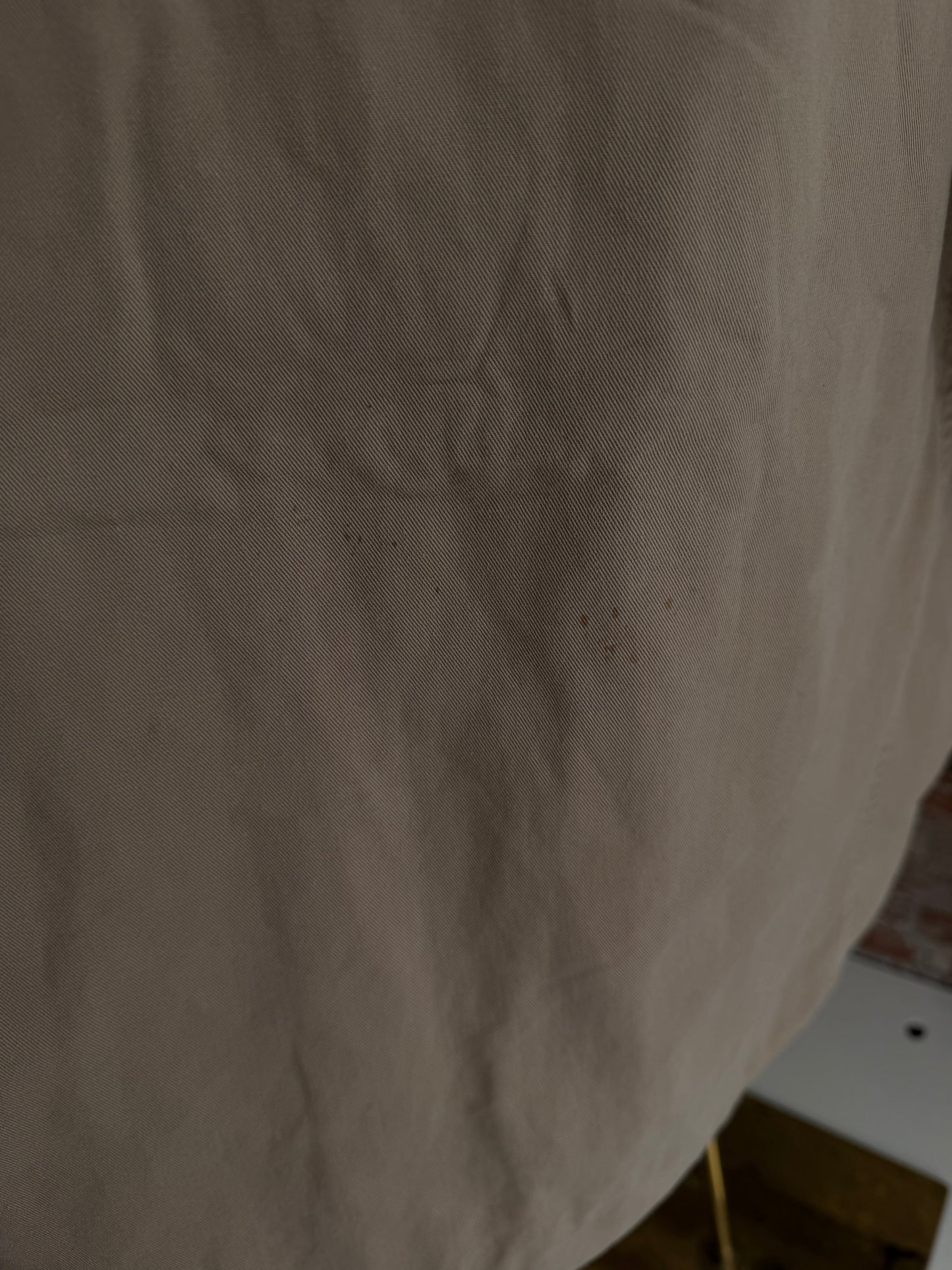 90s Banana Republic khaki barn coat with leather collar. Made in Hong Kong