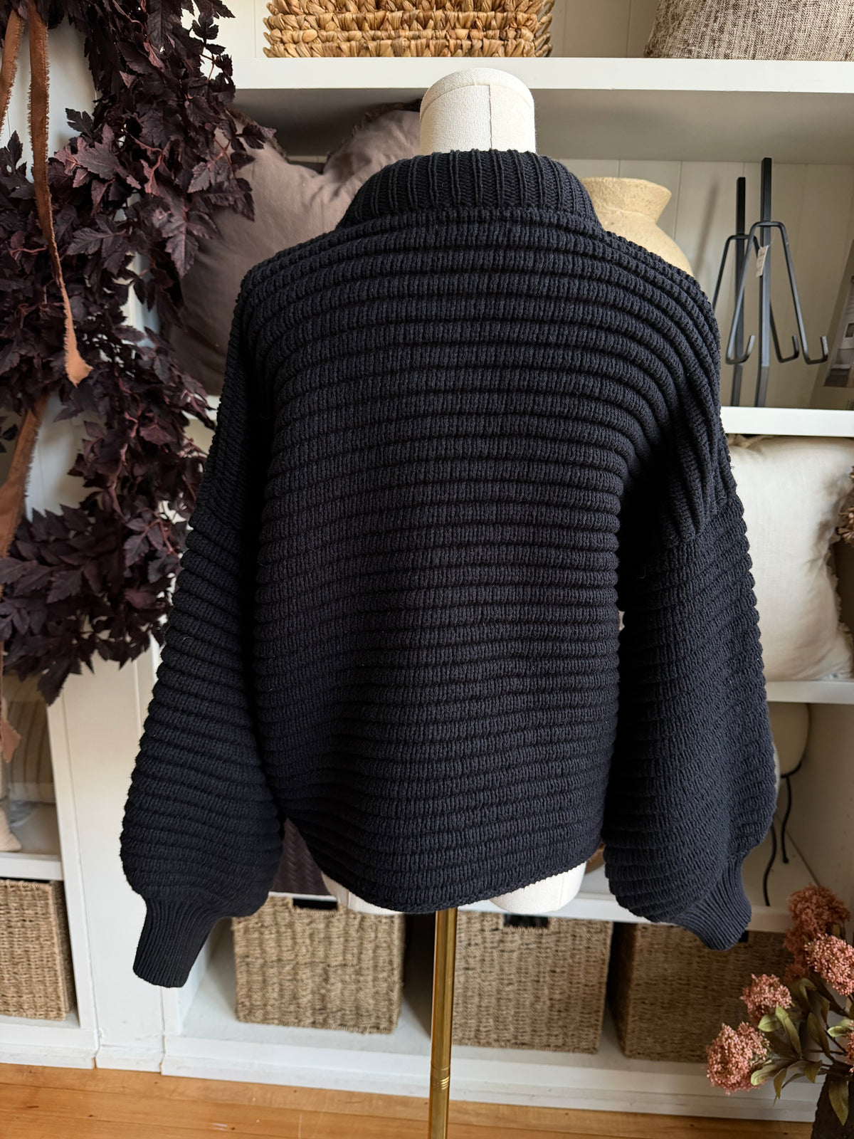 Na Nin Romy Pima cotton balloon sleeve sweater in black.