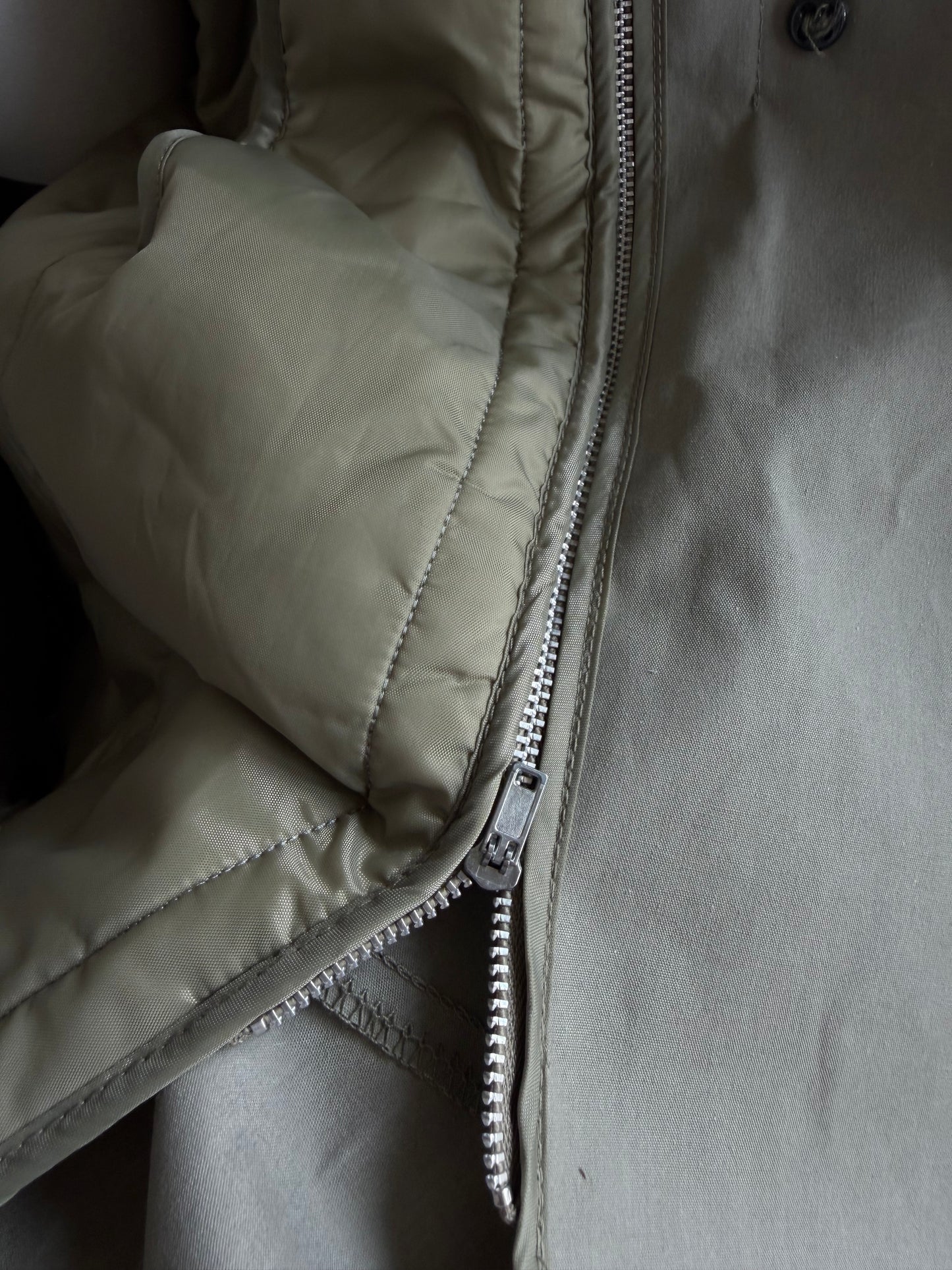 Light green military trench with zip out insulated lining