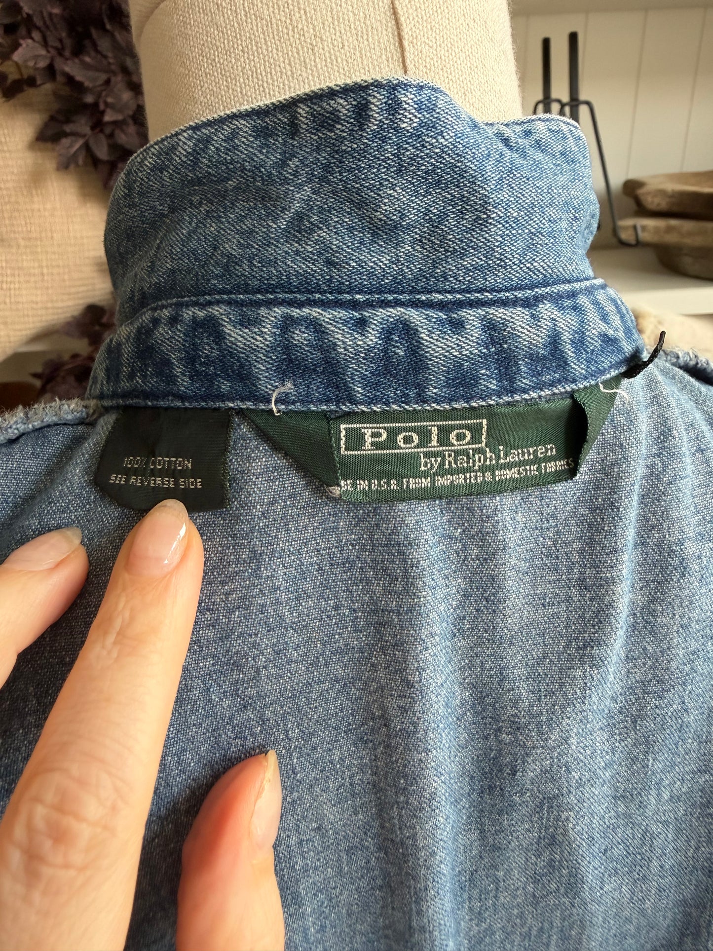 80s Polo Ralph Lauren denim bomber with plaid collar. Fits XS-M