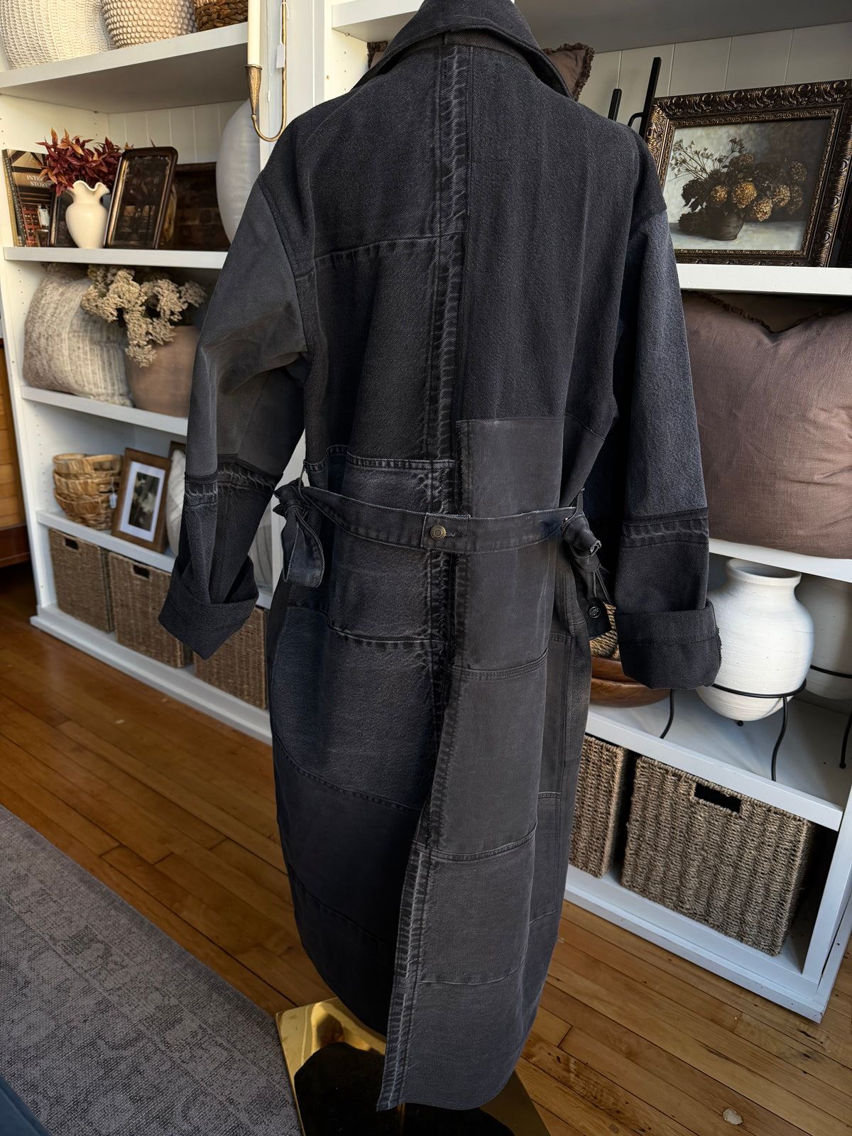 #9 Reworked Black denim trench coat. Size M