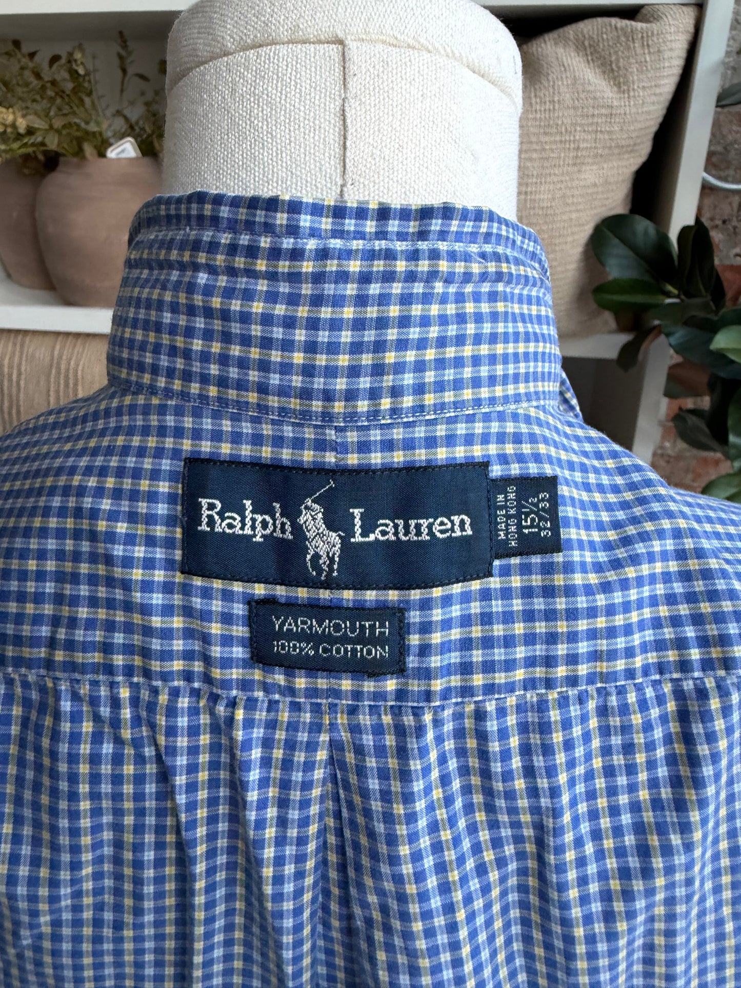 90s Ralph Lauren blue check Yarmouth poplin button down. Made in Hong Kong