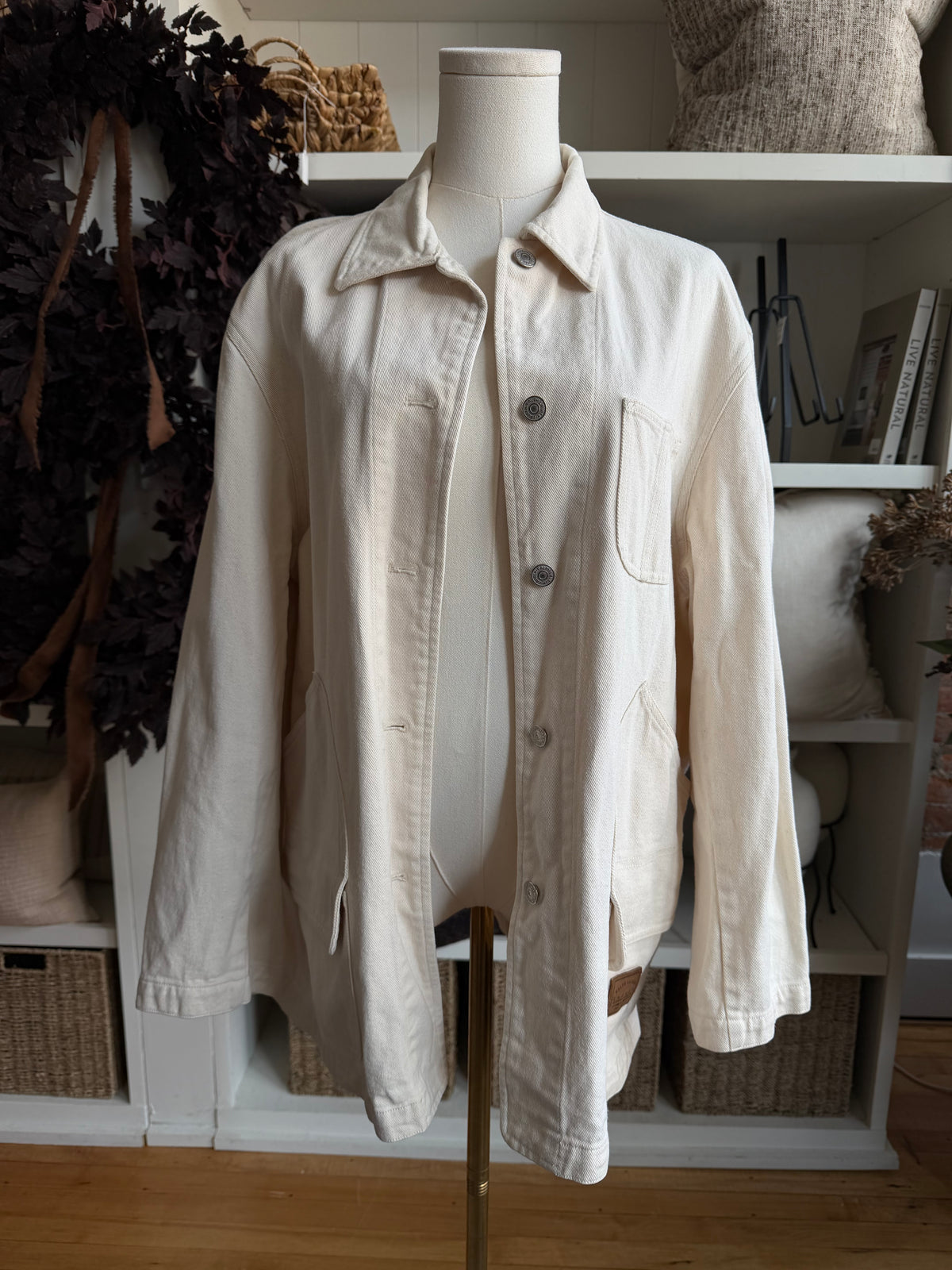 90s Lauren by Ralph Lauren cream denim chore coat. Made in Hong Kong. Fits S-L