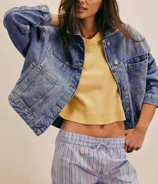 Free People Opal Swing Denim Jacket in Cowboy Romance. Size Medium