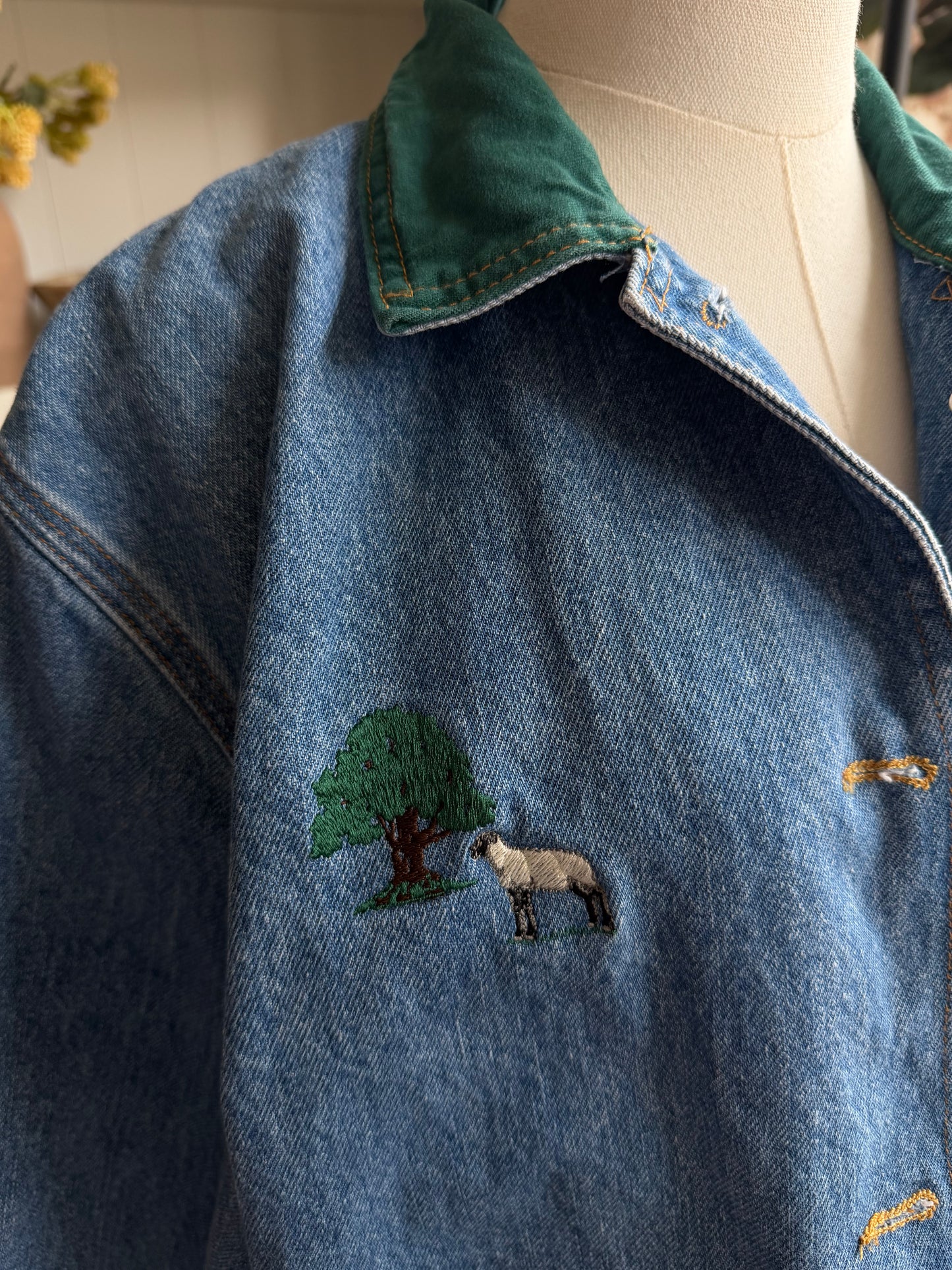 Vintage Denim chore coat with embroidery with green collar