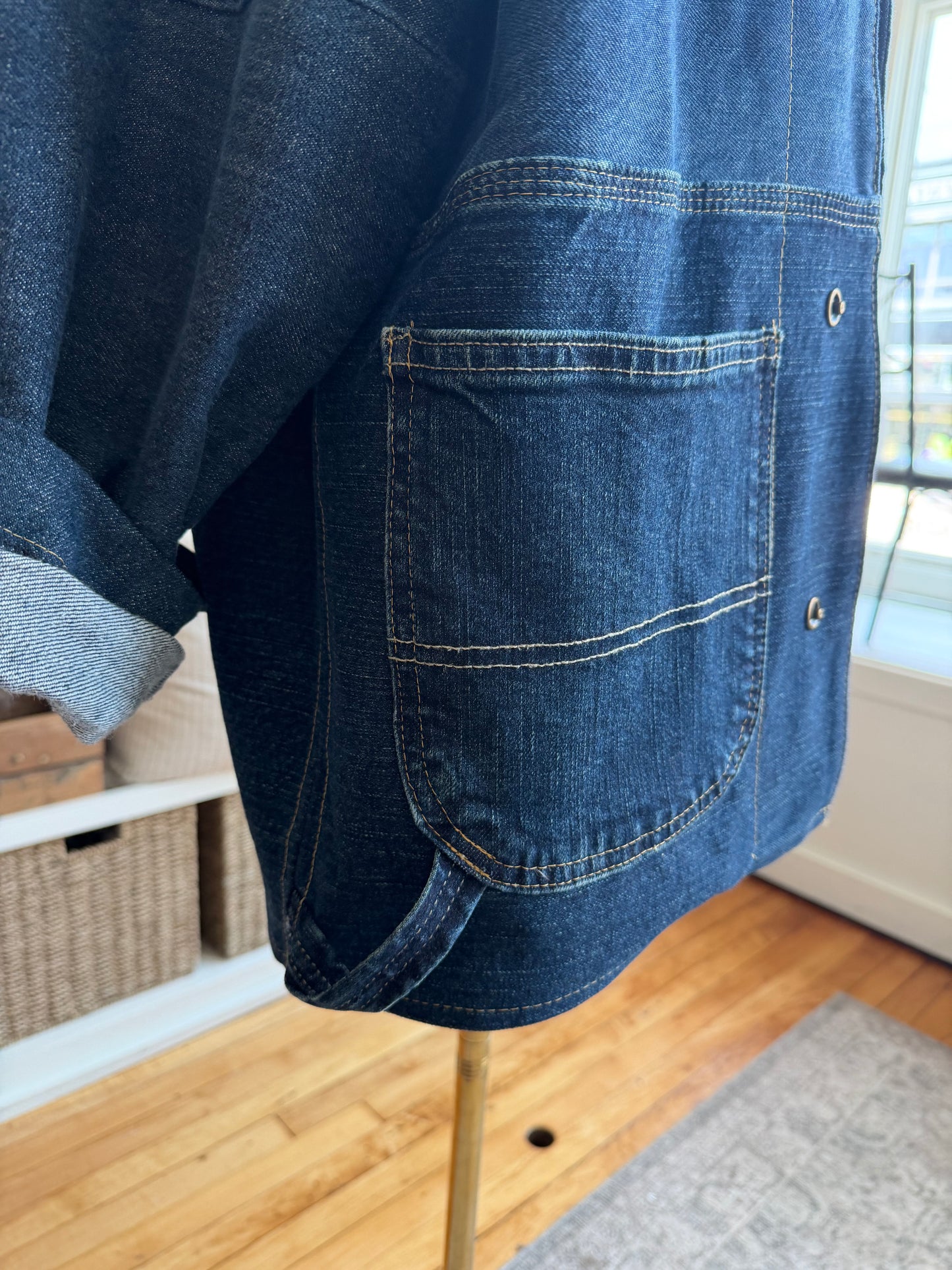 Dark Denim Reworked Chore Coat. Size medium