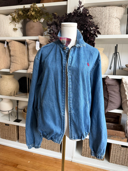 80s Polo Ralph Lauren denim bomber with plaid collar. Fits XS-M